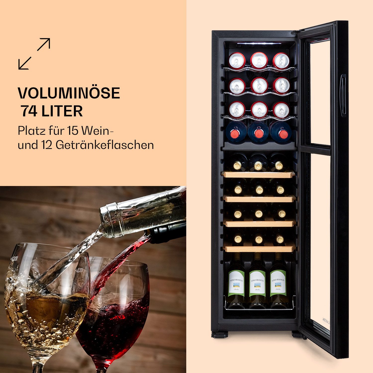 Klarstein Weinkühlschrank Bovella 27 Duo+, für 27 Standardflaschen á 0,75l,2 Zonen Duo Wein Flaschenkühlschrank Weintemperierschrank Getränke – Bild 4 von 5