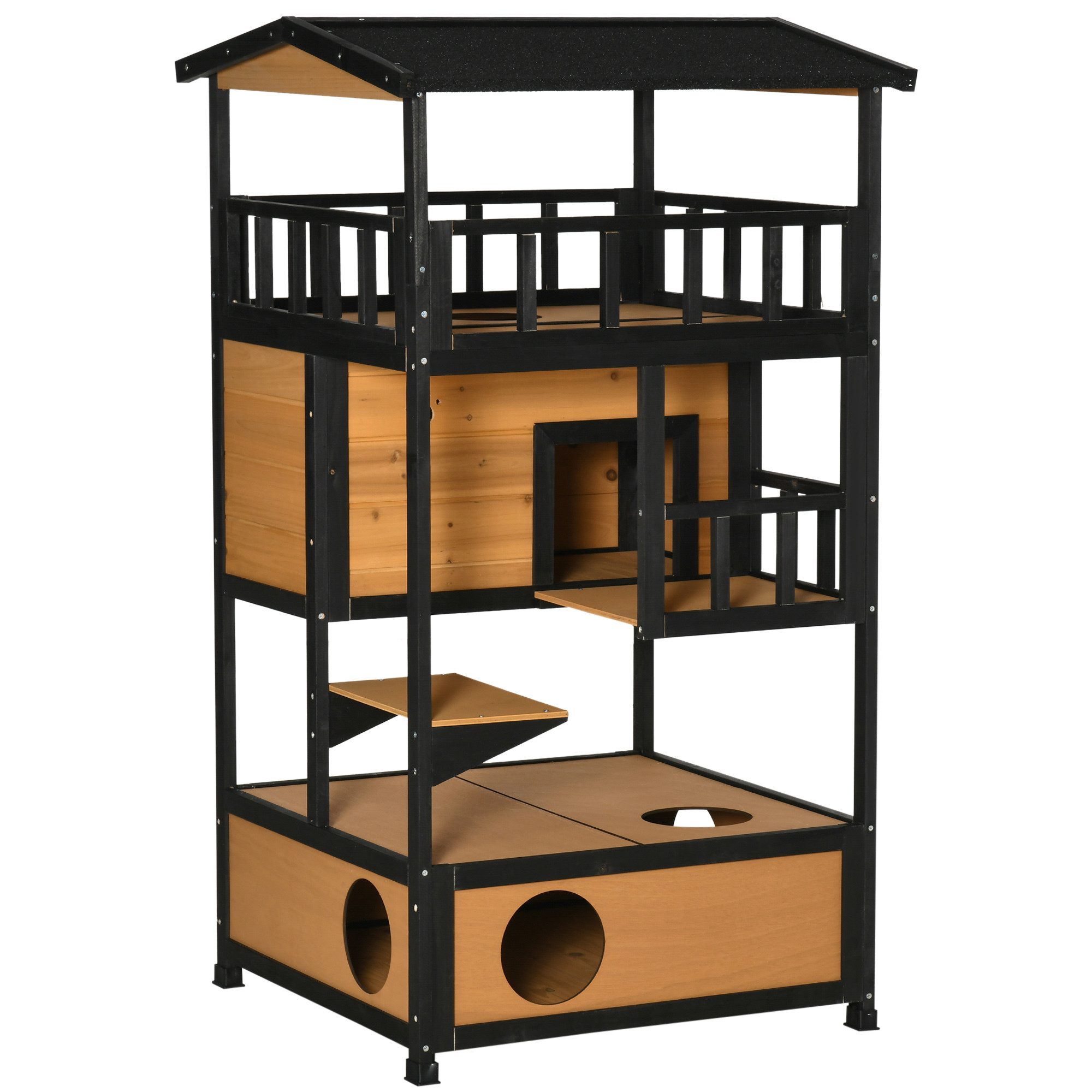 PawHut Tierhöhle Katzenhütte mit Terrasse Katzenhöhle, 4 Etagen, Katzenvilla mit Treppe, Winterfest, Kleintierhaus, Gelb, 75,5 x 75 x 137 cm