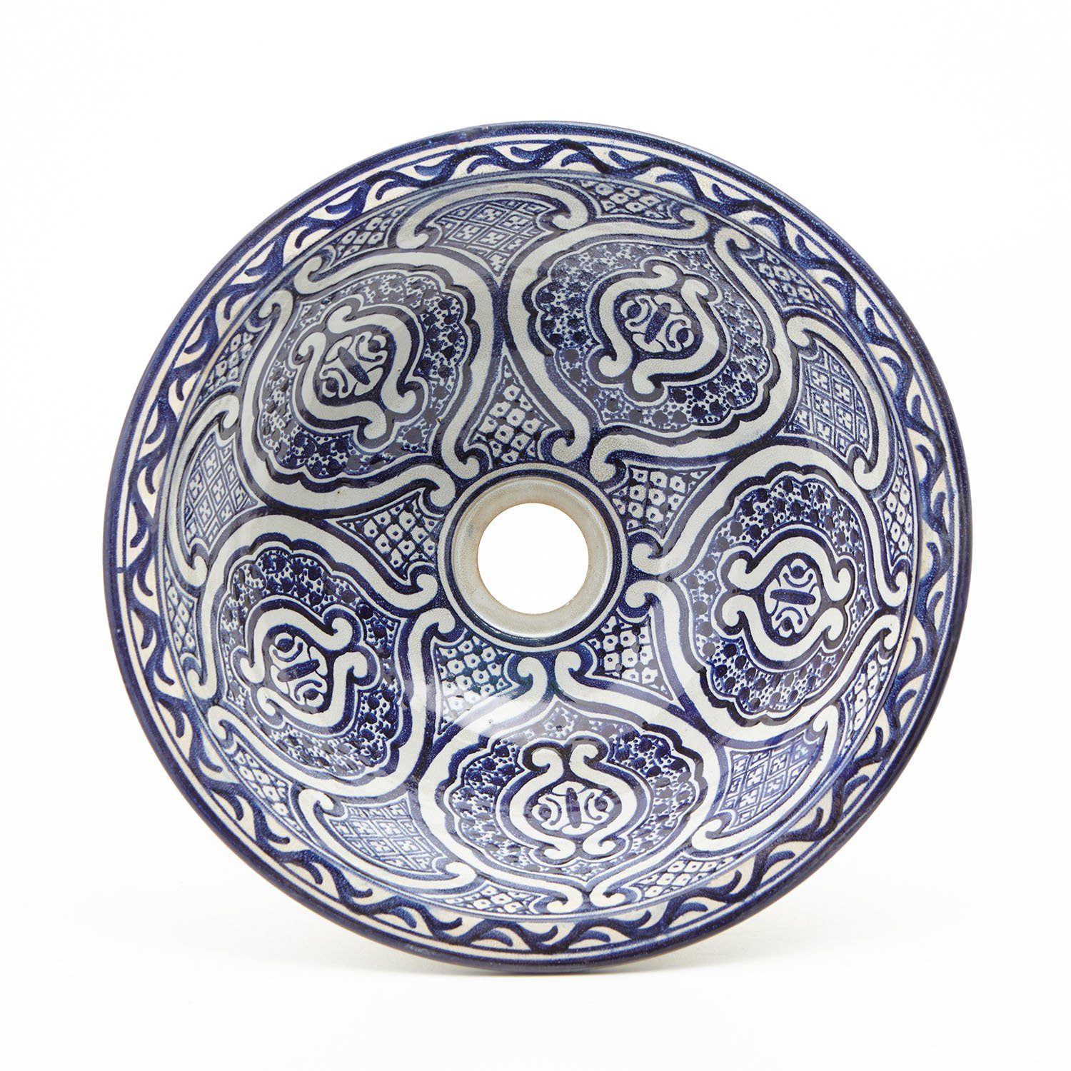 Casa Moro Waschbecken Orientalisches Keramik-Waschbecken Fes70 blau-weiß  handbemalt Ø 35 cm rund, Kunsthandwerk aus Marokko, Handwaschbecken für Bad  Waschtisch Gäste-WC, WB35270, Handmade