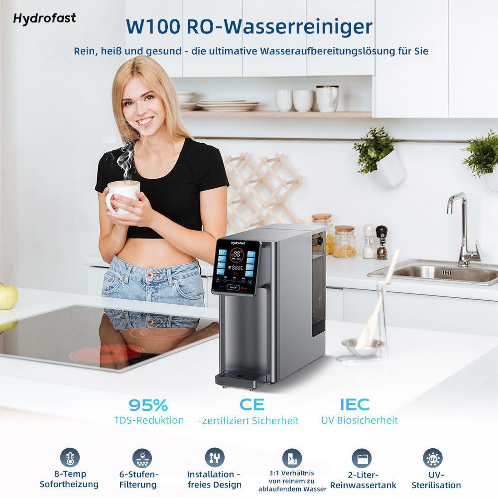 Hydrofast Wasserfilter W100 Tisch-Wasseraufbereiter mit Heiß- und Trinkwasser, Umkehrosmose, 8 Temperaturstufen, 6-stufige Filtration, UV-Sterilisation