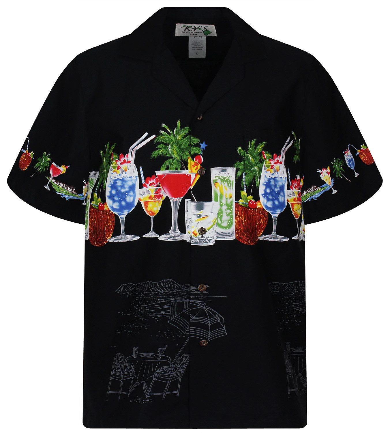 KY's Hawaiihemd Cocktail Brustdruck Original Hawaiihemd mit 100% Kokosnuss-Knöpfen