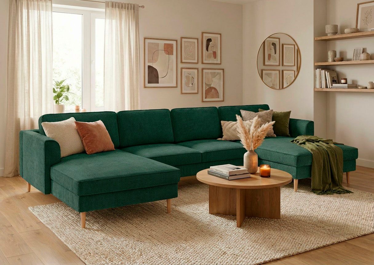 Home affaire Wohnlandschaft Booster, whlw. mit Schlaffunktion & Bettkasten, Fuß Buche lackiert, Sofa in U-Form, Breite 305 cm, in Cord oder Struktur