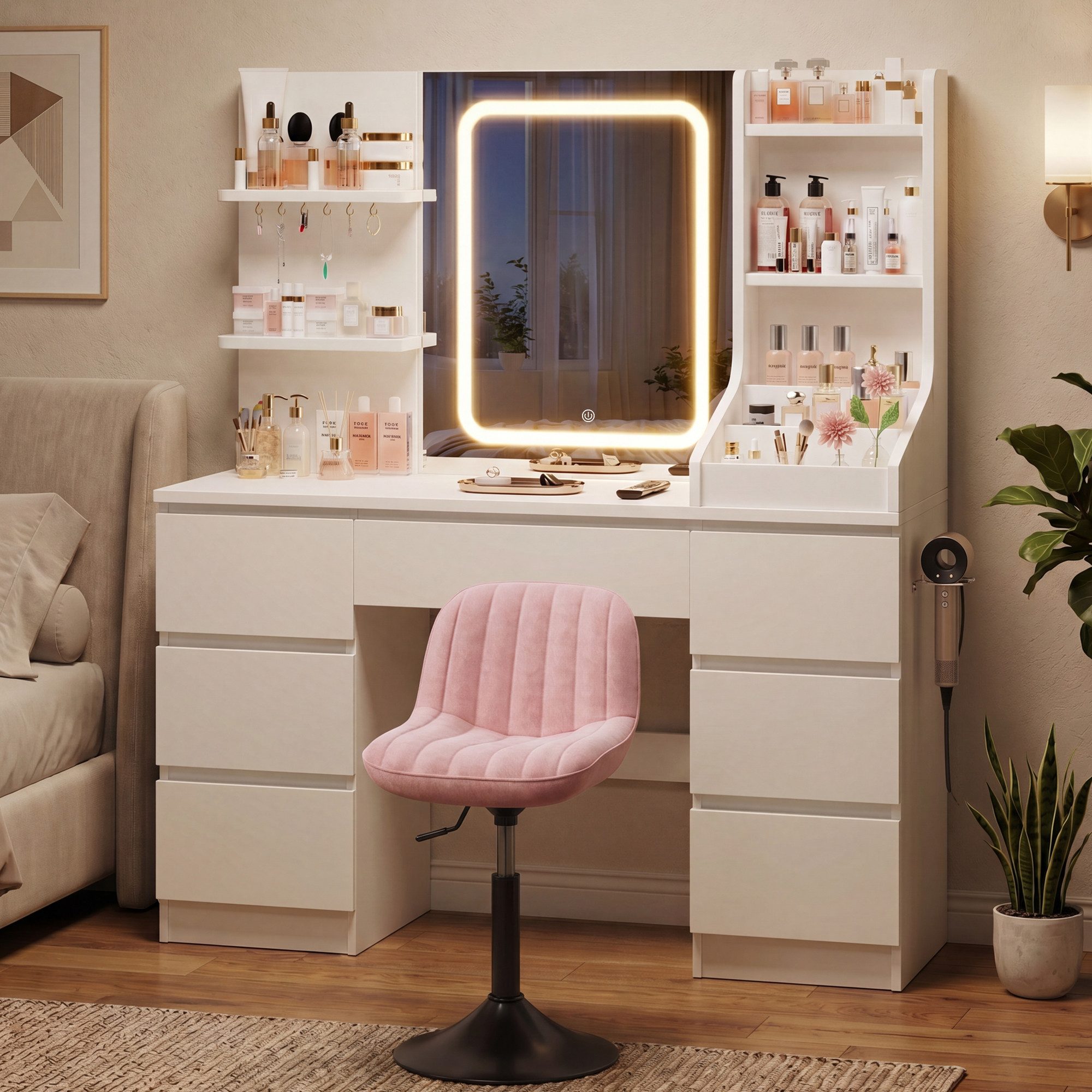 HOMALL Schminktisch Spiegel mit LED-Beleuchtung, 7 Schubladen (Maße: 110 × 40 × 139 cm, drei einstellbare Farbtemperaturen, mit 8 offenen Ablagefächern, 6 Schmuckhaken, 2 Steckdosen, 1 USB-Anschluss, 1 Typ-C-Anschluss und einer Haartrocknerhalterung)