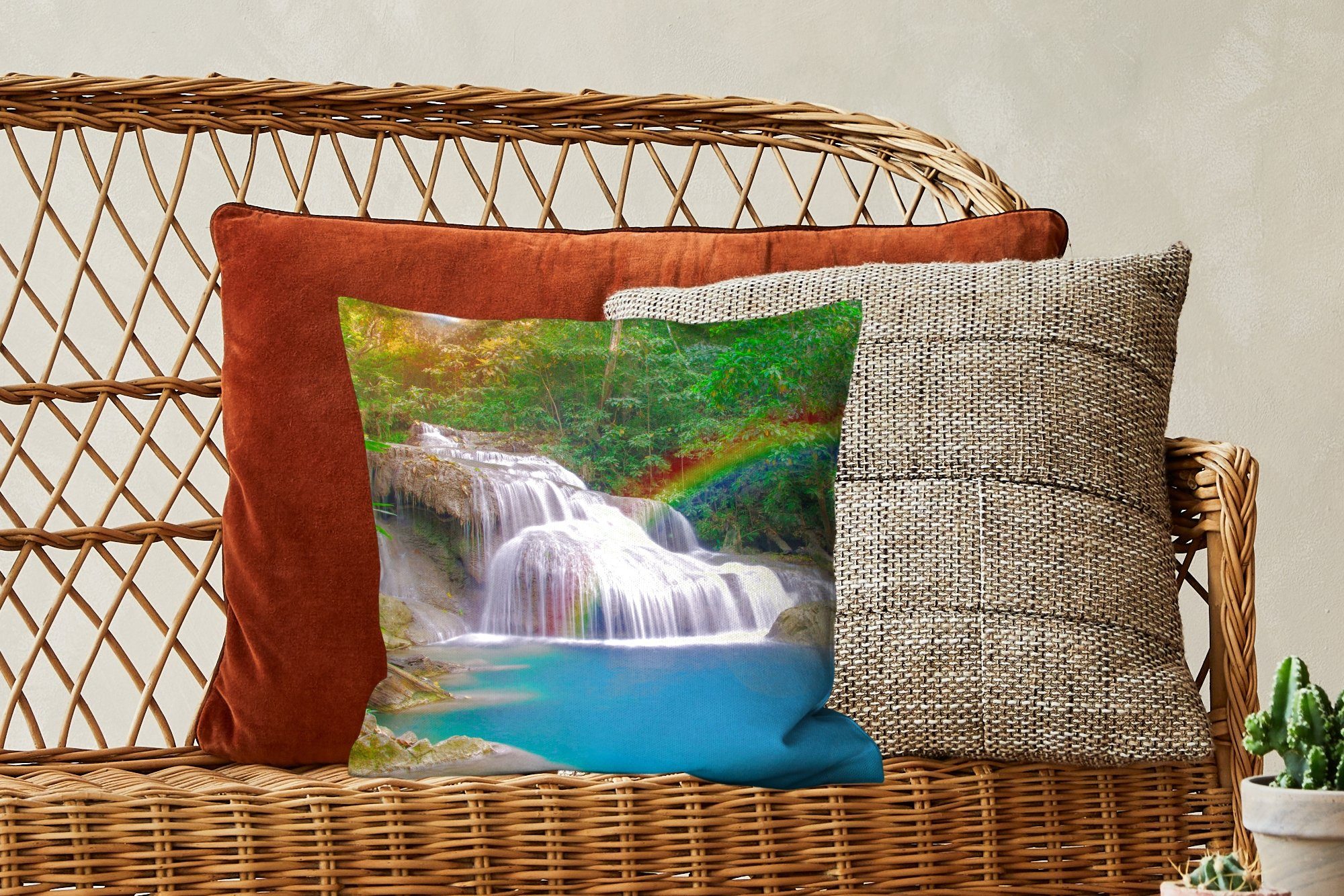 - Wohzimmer, Sofakissen Sonne für - Dekokissen Deko, - Zierkissen Natur, mit MuchoWow Regenbogen Füllung Wasserfall Schlafzimmer,