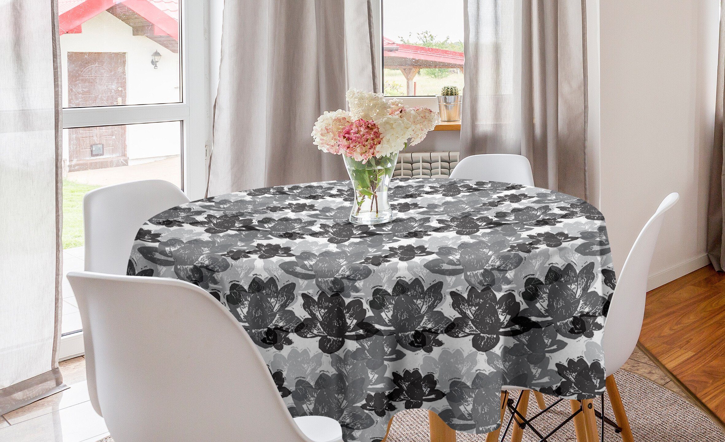 Abakuhaus Tischdecke Kreis Tischdecke Abdeckung für Esszimmer Küche Dekoration, Botanisch Graue Wasser-Lilien-Blätter