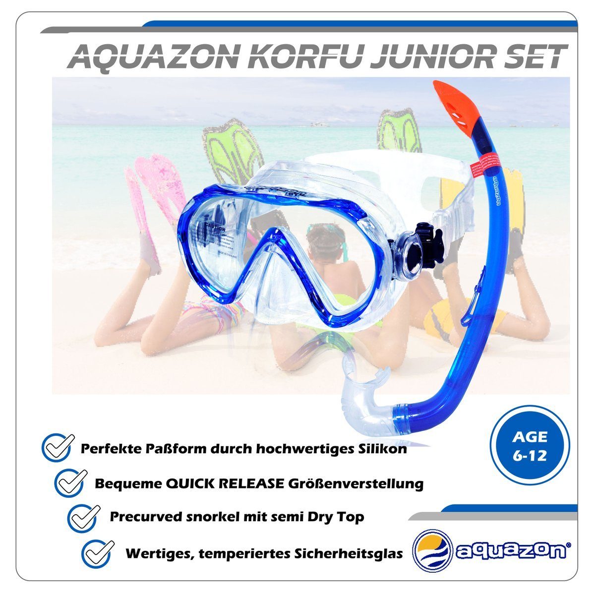 7-12 Schnorchelset Kinder KORFU Schnorchel, AQUAZON für mit blue Taucherbrille Jahren