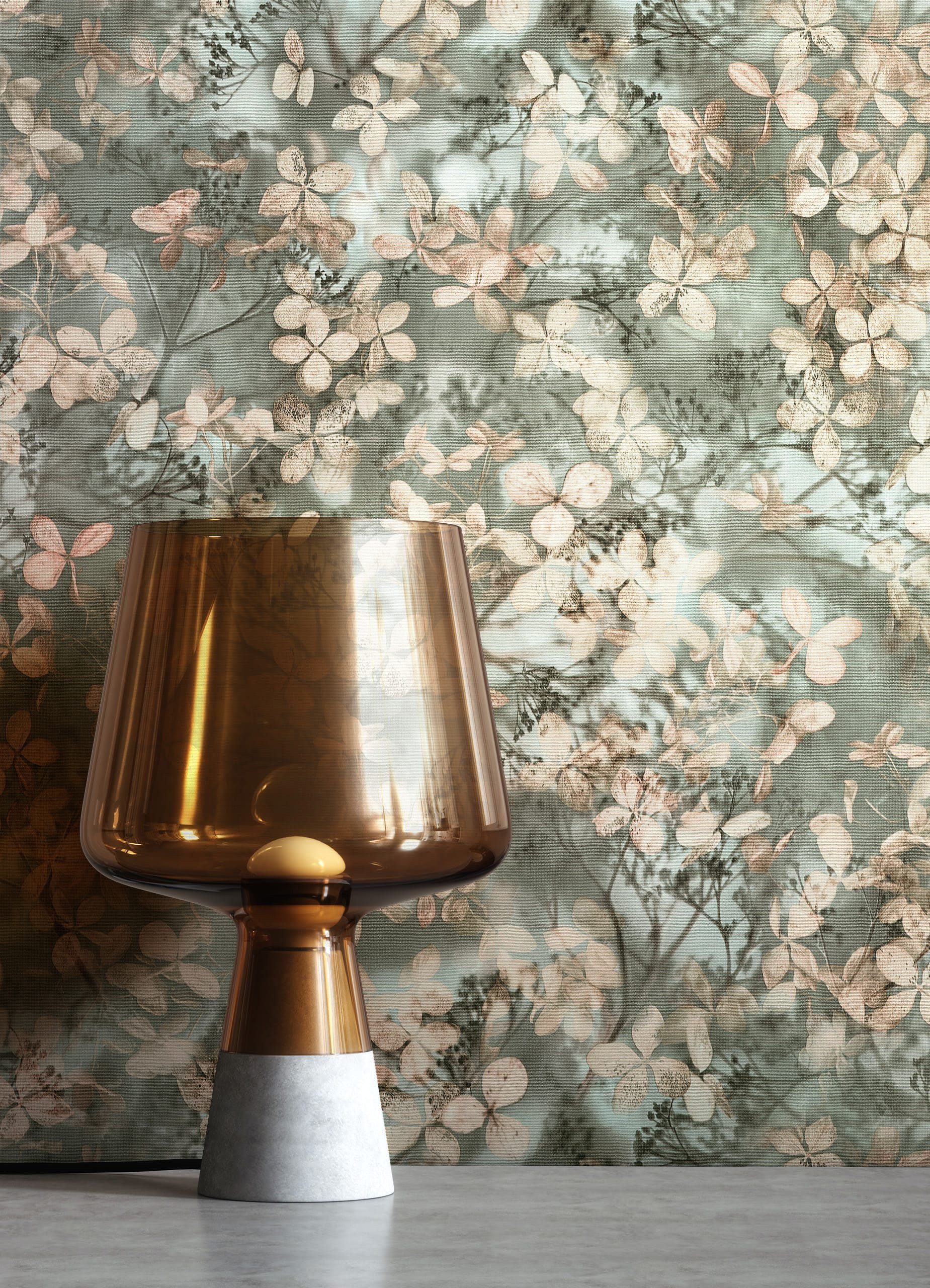 Newroom Vliestapete Murimi Rose Tapete Mustertapete Blätter,Blumen,Zweige, Grün Tapete Floral Blätter - Mustertapete Blumentapete Rose Vintage Romantisch Blumen Zweige für Wohnzimmer Schlafzimmer Küche, Blumentapete