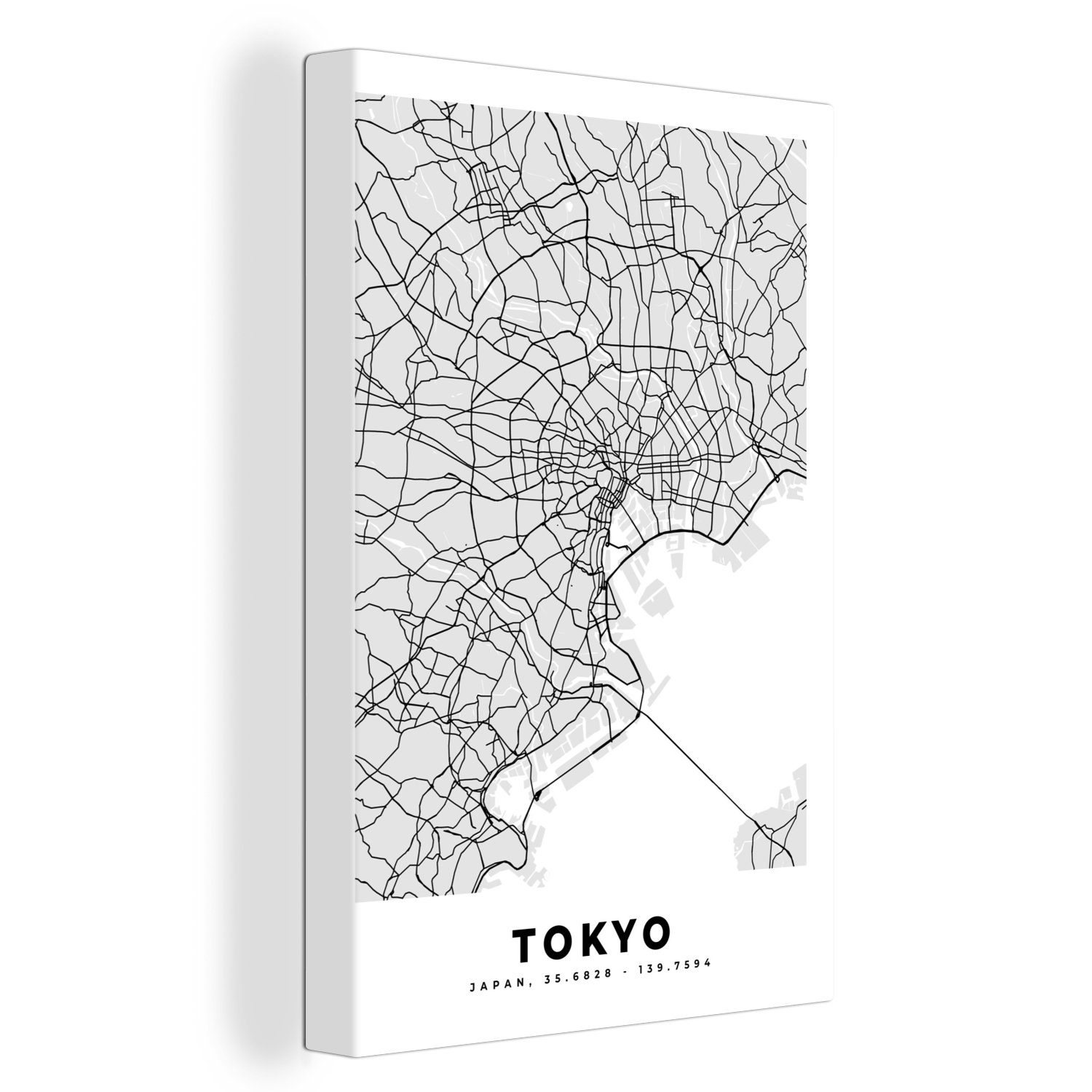 und 20x30 bespannt Gemälde, Leinwandbild weiß - Stadtplan - Leinwandbild OneMillionCanvasses® Zackenaufhänger, Karte, Tokio - cm (1 inkl. Schwarz fertig St),