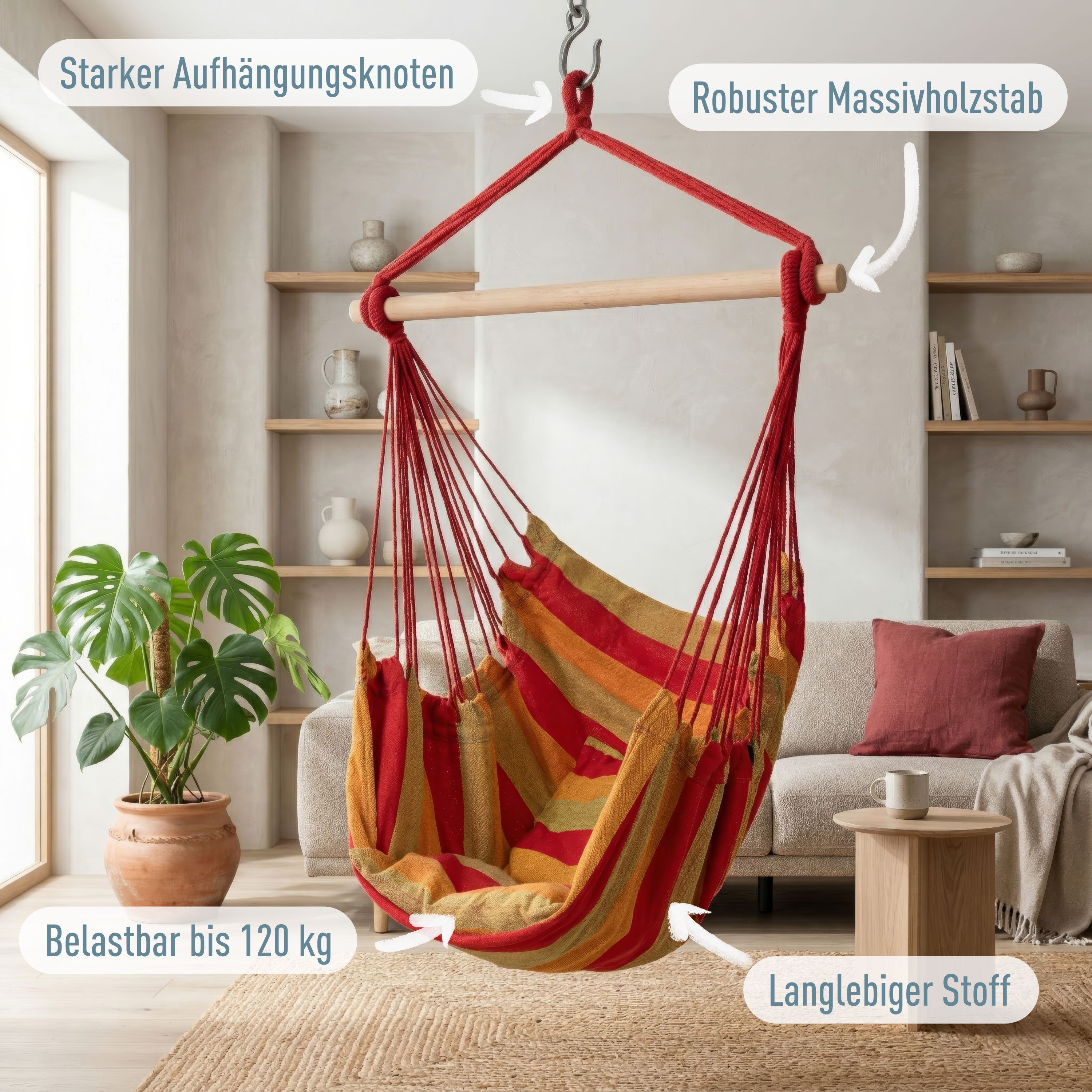 ib style Hängematte Kalea Hängesessel Cappuccino, Hängestuhl mit 2 Kissen und Zubehör - bis 120kg belastbar