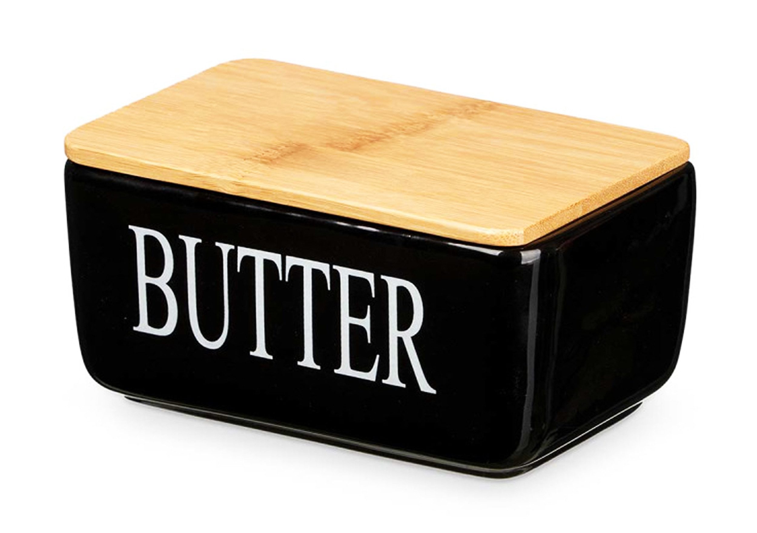 KINVARA Butterdose BUTTERDOSE aus Keramik und Bambus mit Deckel Schwarz Butterglocke 10, Kühlschrank Butterschale Butterbehälter Butterbüchse Butter Box