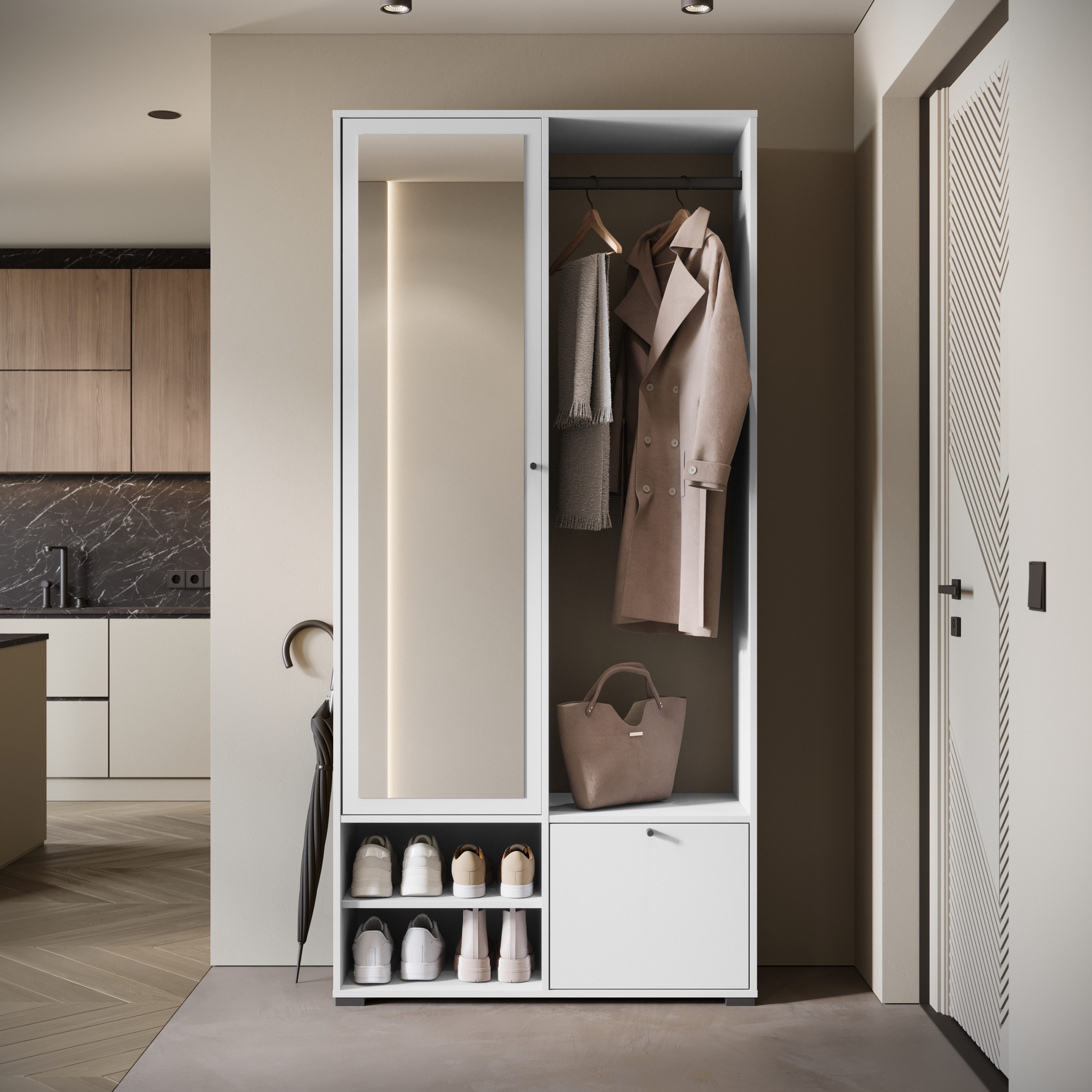 Home affaire Garderobenschrank DINO Kompaktgarderobe, Garderoben-Set DINO Mit Spiegel und Kleiderstange, 90 cm breit, Türanschlag wechselbar