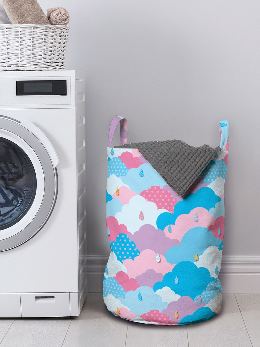 Abakuhaus Wäschesäckchen für Kordelzugverschluss Abstrakt Waschsalons, Griffen Stil Regen-Wolken mit Kindisch Wäschekorb