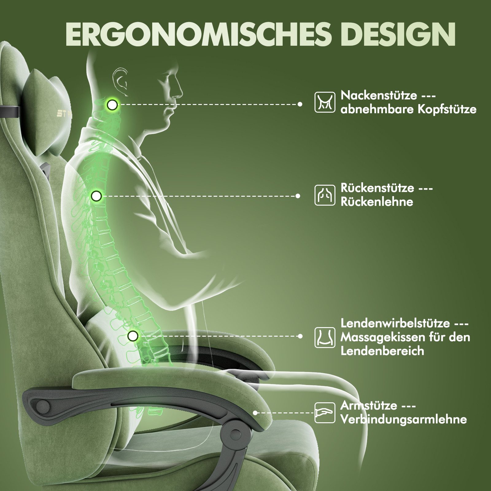 Ferghana Gaming-Stuhl Gaming-Stuhl: Kopfstütze, Lendenkissen, Armlehnen, Fußstütze (Packung), Ergonomischer PC-Stuhl,Rückenlehne 90°-125°