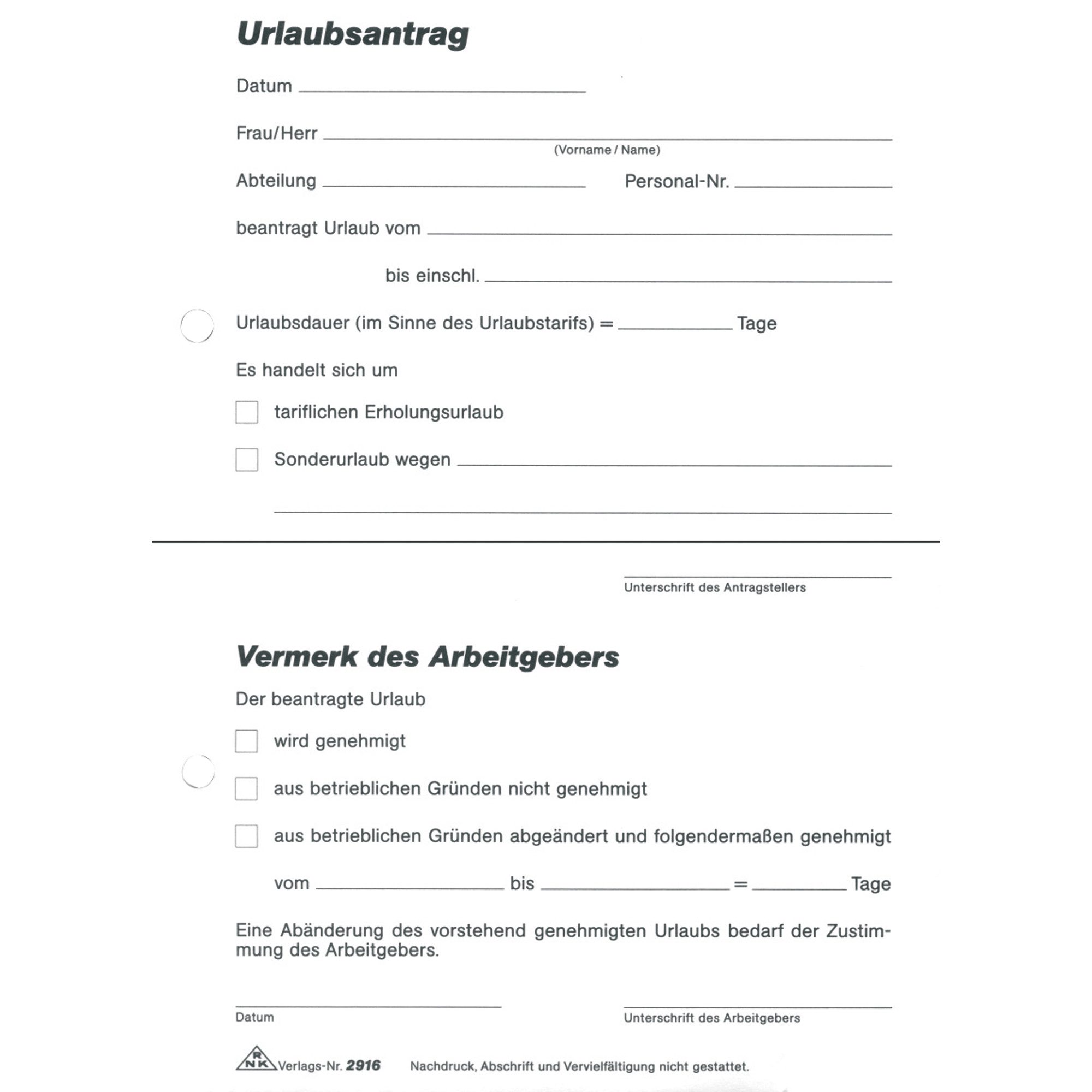 RNK Verlag Formularblock RNK Urlaubsantrag DIN A5 SD Block 2x40Bl