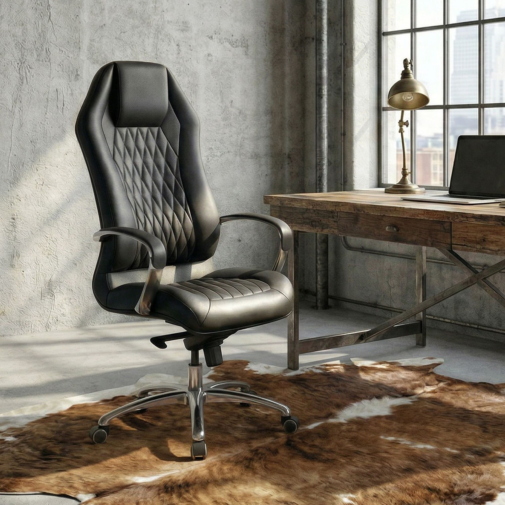Amstyle Chefsessel Monterey Echtleder schwarz Drehstuhl höhenverstellbar (Bürostuhl MONTEREY Echtleder Schwarz 120KG), Schreibtischstuhl Hohe Rückenlehne mit Kopfstütze