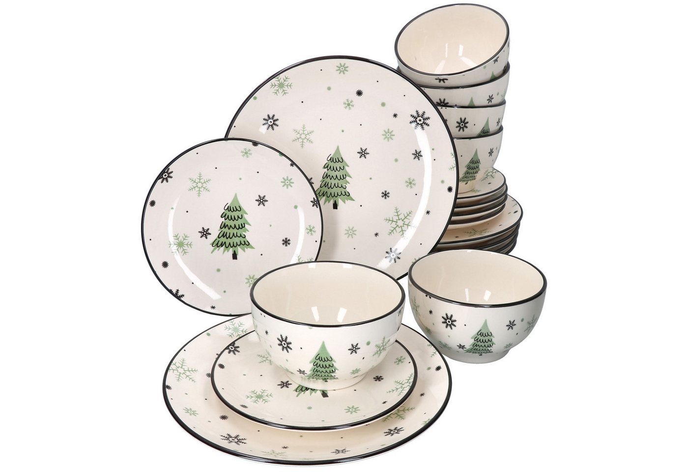 MamboCat Frühstücks-Geschirrset 18tlg Set Weihnachtsbaum 6 Personen, Steingut