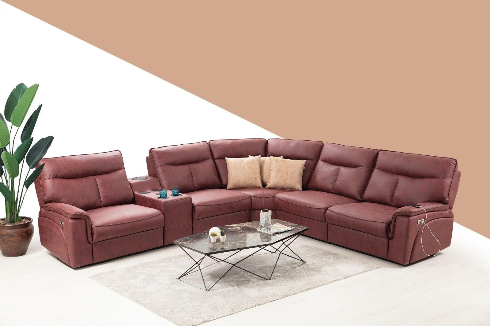 JVmoebel Ecksofa Moderne L-Form Sitzgruppe in Rot mit USB-Anschlüssen und Bluetooth, 6 Teile, Made in Europa