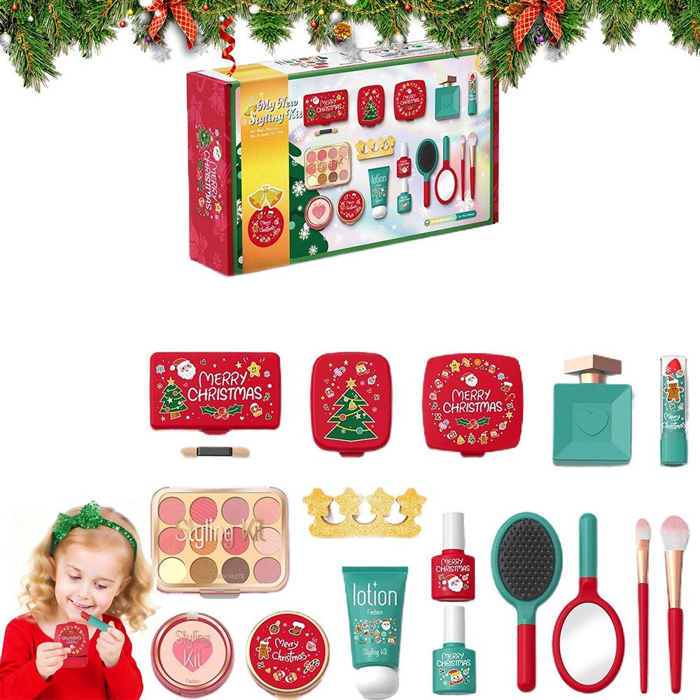 CLTYQ Kosmetik-Set 16 pcs Kinderschminkset für Mädchen ab 5 Jahren,Kosmetik-Spielzeug, 16-tlg., mit Spiegel, Nagelstickern und Lippenstift, simuliertes Spiel(keine echten Kosmetika enthalten).
