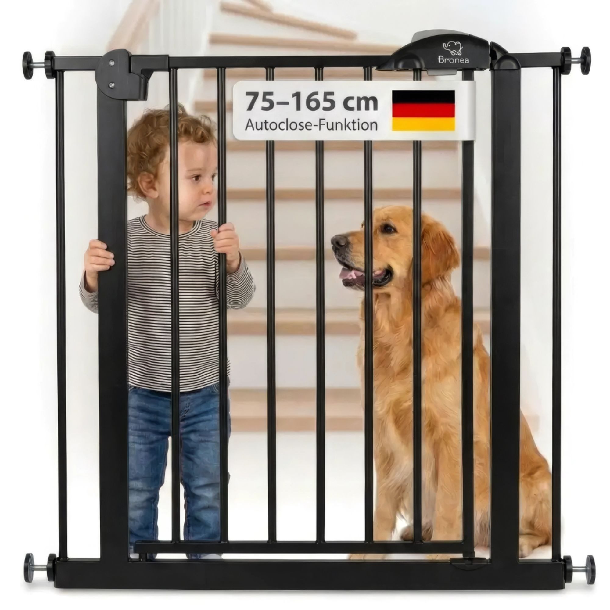 Bronea Treppenschutzgitter CLEO Türgitter ohne Bohren Kinderschutzgitter Treppengitter (zum Klemmen - ohne bohren für Tür & Treppe 75–165 cm verlängerbar, Beidseitig öffnend - Auto-Close - 90° Stopp - 3-Schritt-Sicherung), Entwickelt, Geprüft & Zertifiziert in Deutschland EN1930:2012-02