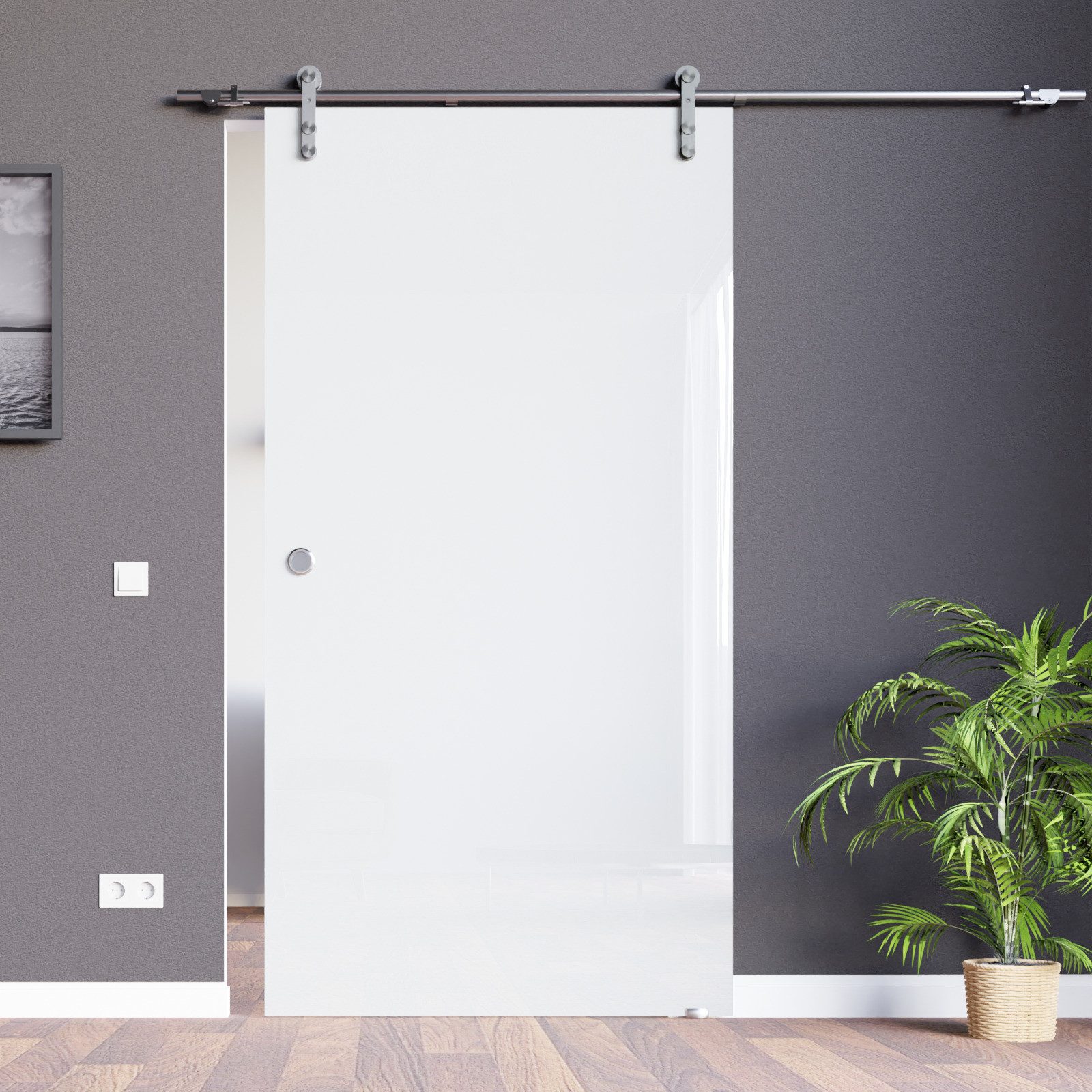 AMOD Glasschiebetür VSG-weiß- SSOE (Komplett-Set), mit Griffmuschel und SoftStop