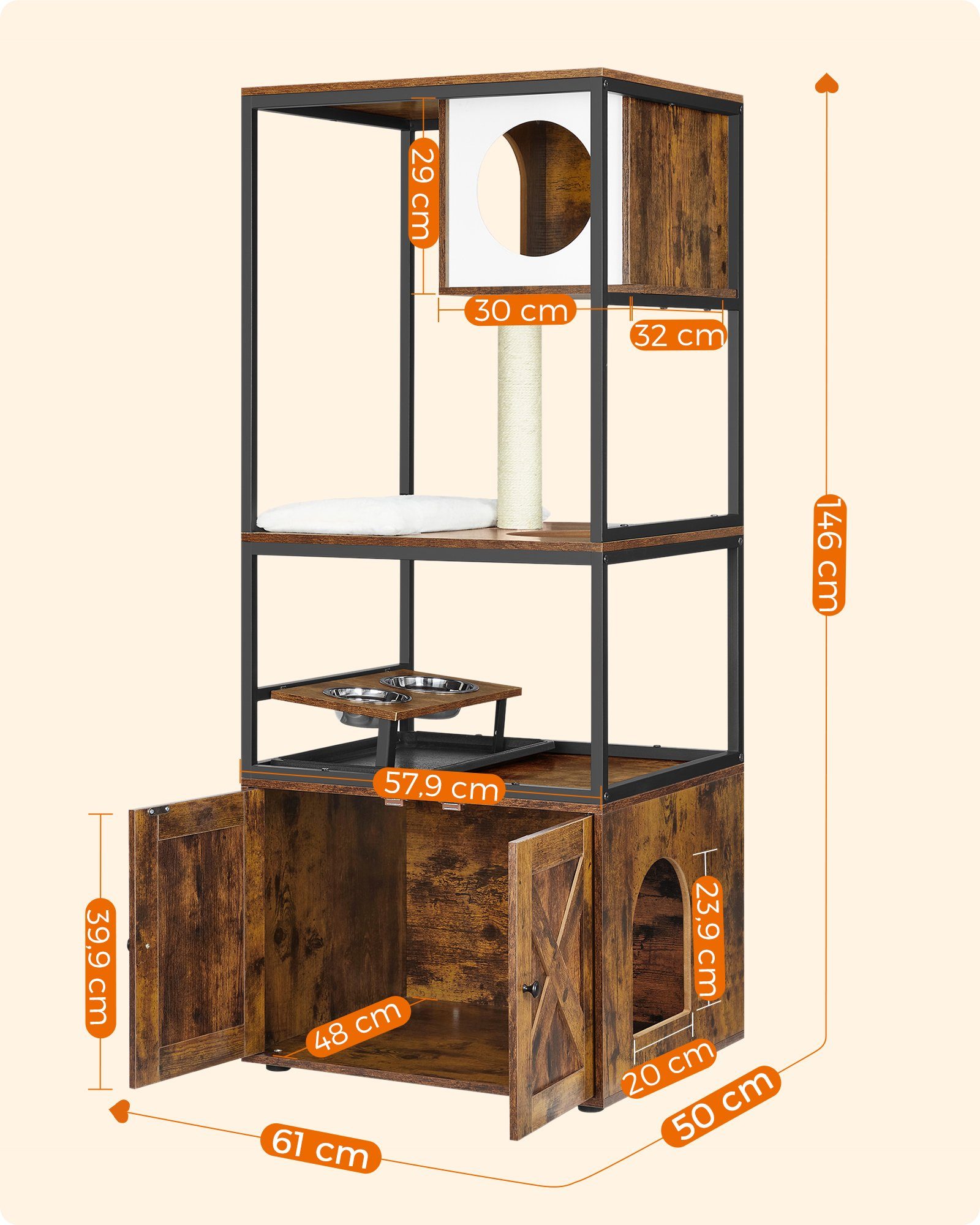 FEANDREA Kratzbaum, 3-in-1, mit Katzenklo-Schrank, erhöhter Napfständer