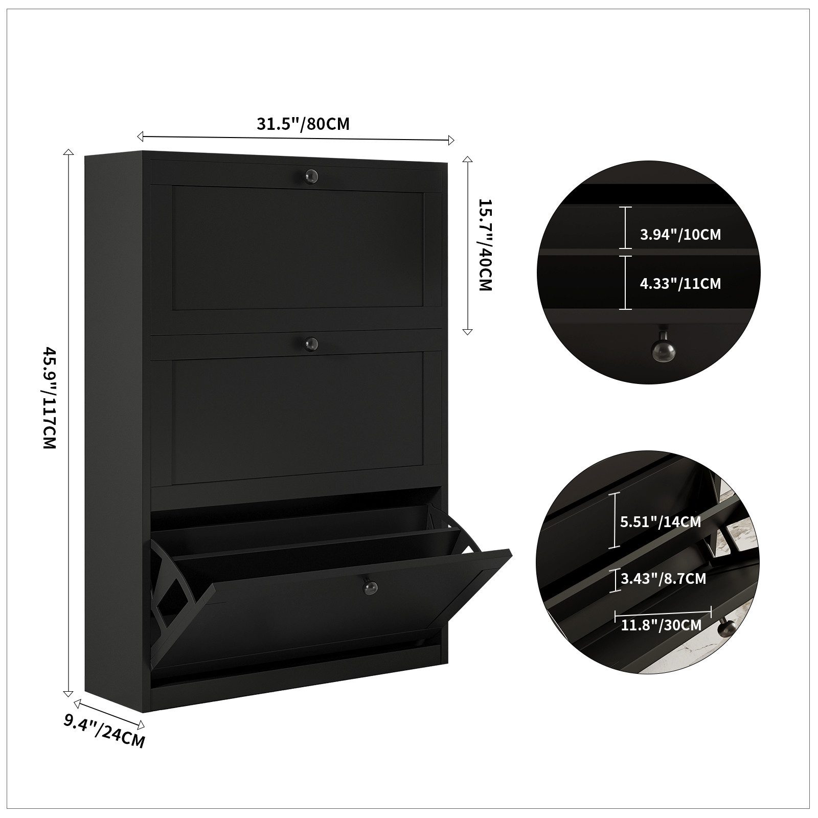 VOWNER Schuhschrank mit 3 Klappen, Schmaler Schuhregal, Verstellbar, 80 x 24 x 117 cm Platzsparend & verstellbar – 24 Paar Schuhe, Schwarz