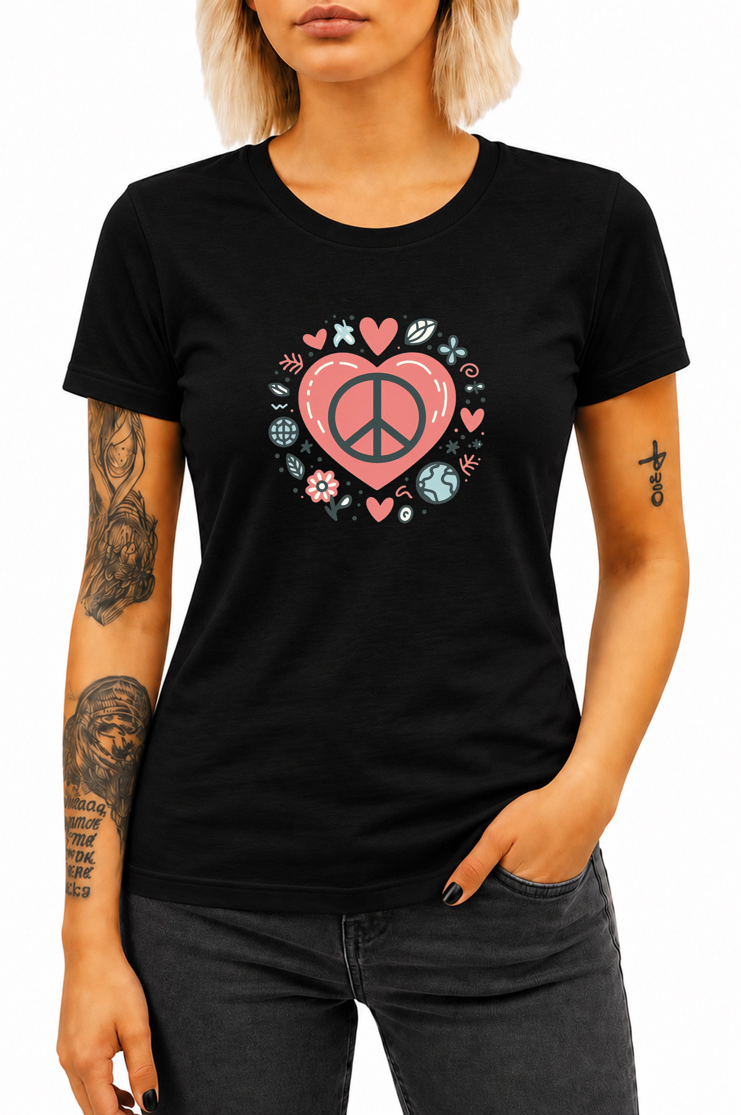 Banco T-Shirt Damen Peace Frieden Blumen Printshirt Rundhals Kurzarm Baumwolle 100% Baumwolle