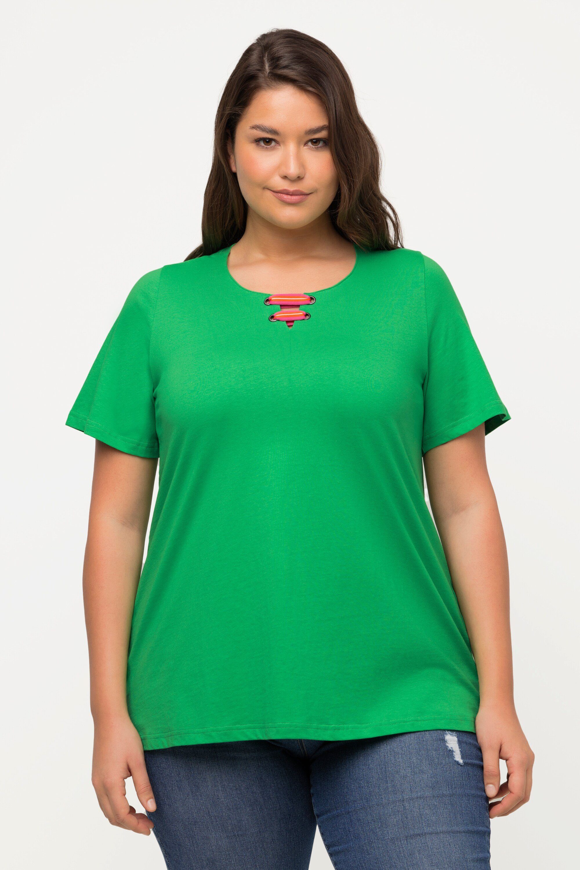 Ulla Popken Rundhalsshirt T-Shirt A-Linie grasgrün Flügel-Halbarm Tunika-Ausschnitt