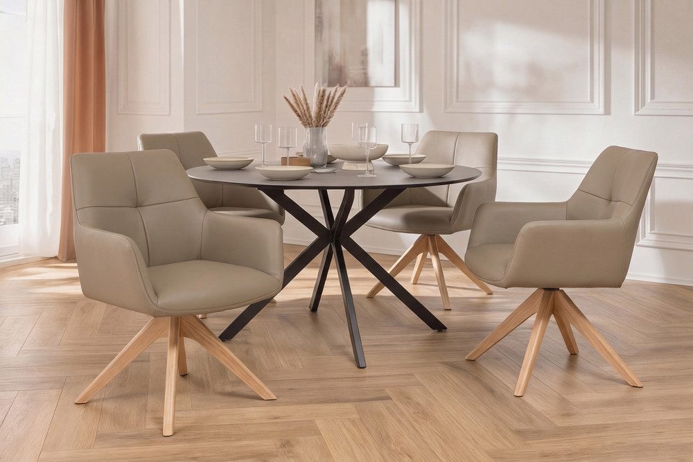 riess-ambiente Drehstuhl ALMARA taupe/natur - Eiche, Echtleder, 360°, Massivholz, modern (Einzelartikel, 1 St), Polsterstuhl mit Taschenfederkern - ideal f. Ess – Bild 4 von 5