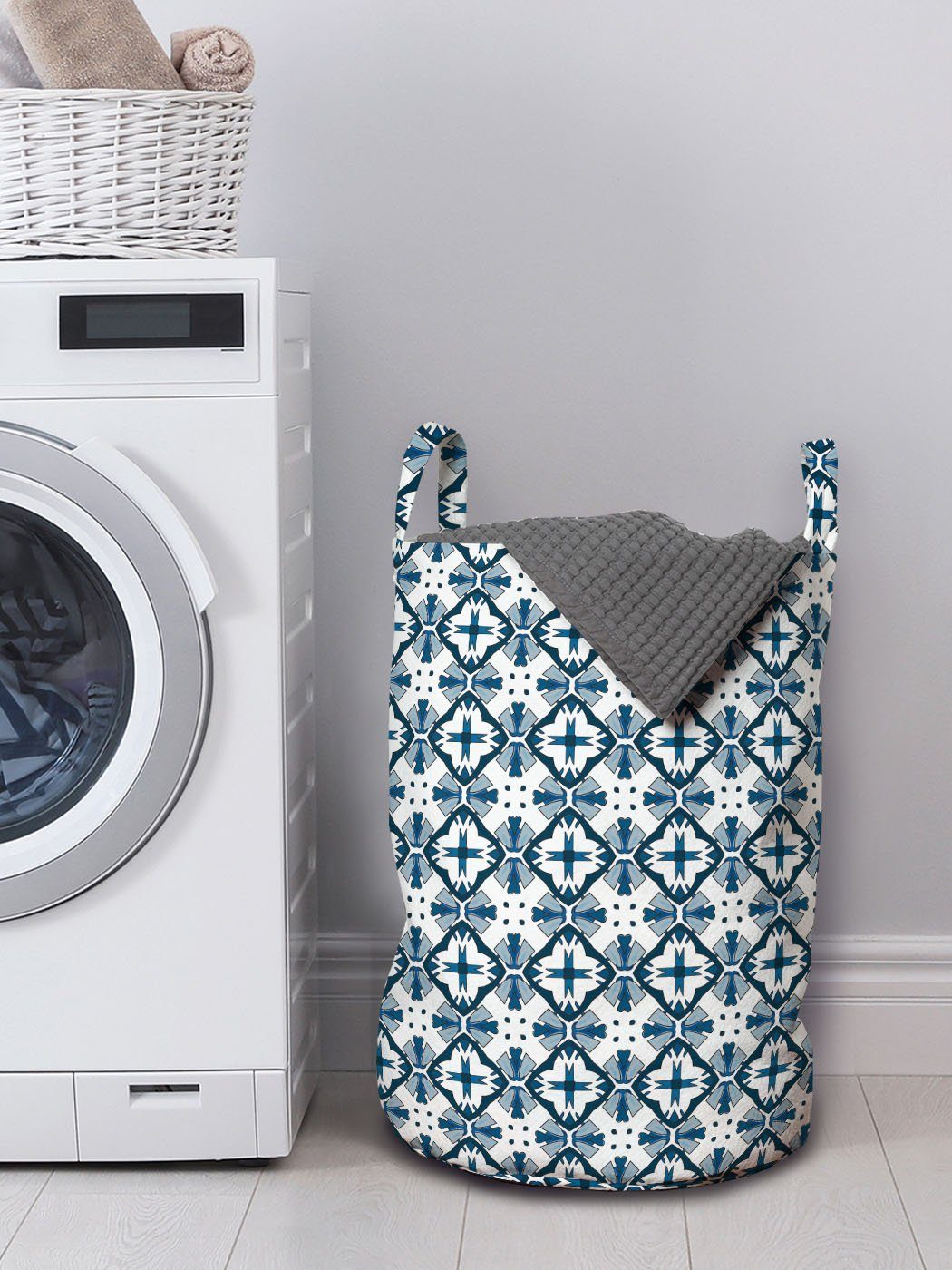 Abakuhaus Kordelzugverschluss mit und Griffen Wäschekorb für Fliesen weiß Waschsalons, Blau portugiesische Wäschesäckchen