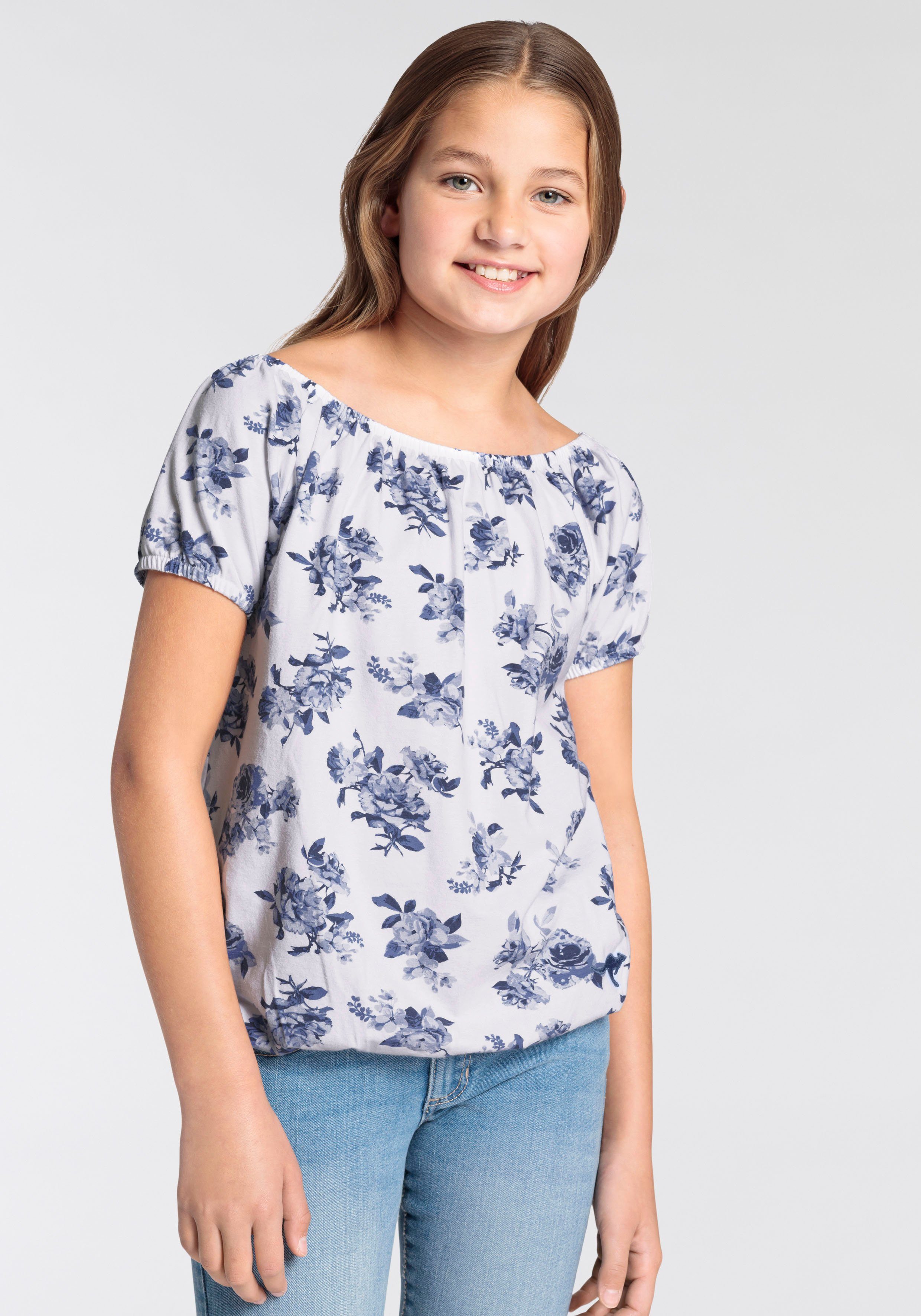 KangaROOS Carmenshirt Kangaroos Mädchen Kurzarm, dynamische Passform, Allover-Druck, Carmenausschnitt