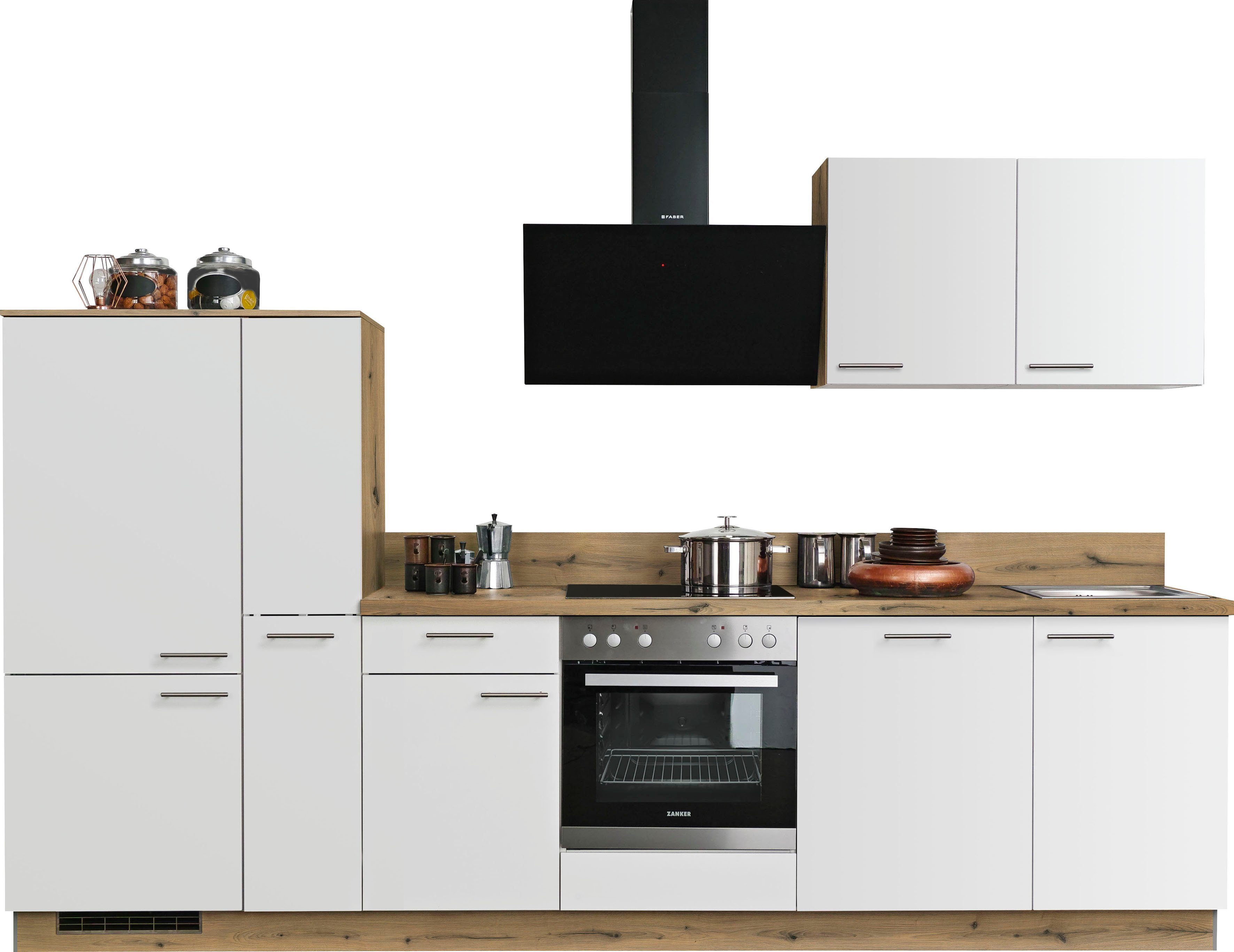 KOCHSTATION Küchenzeile KS-Scafa, vormontiert, mit höhenverstellbaren Füßen, vormontiert, wahlweise mit E-Geräten, mit Soft-Close, Breite 310 cm