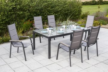 MERXX Garten-Essgruppe Trivero, (Set 7-teilig, Tisch, 4 Stapelsessel, Aluminium mit Textilbespannung, Sicherheitsglas), mit ausziehbarem Tisch, Sitz- und Rückenfläche gepadded