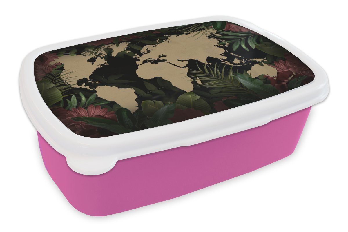MuchoWow Lunchbox Weltkarte - Braun - Tropische Pflanzen, Kunststoff, (2-tlg), Brotbox für Erwachsene, Brotdose Kinder, Snackbox, Mädchen, Kunststoff rosa