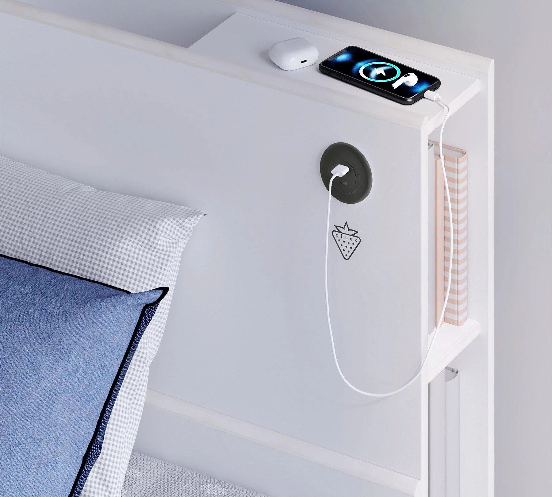 Möbel-Zeit Bett WHITE, Kopfteil mit integriertem Regal, 100x200 -120x200 cm, Optional mit Matratze