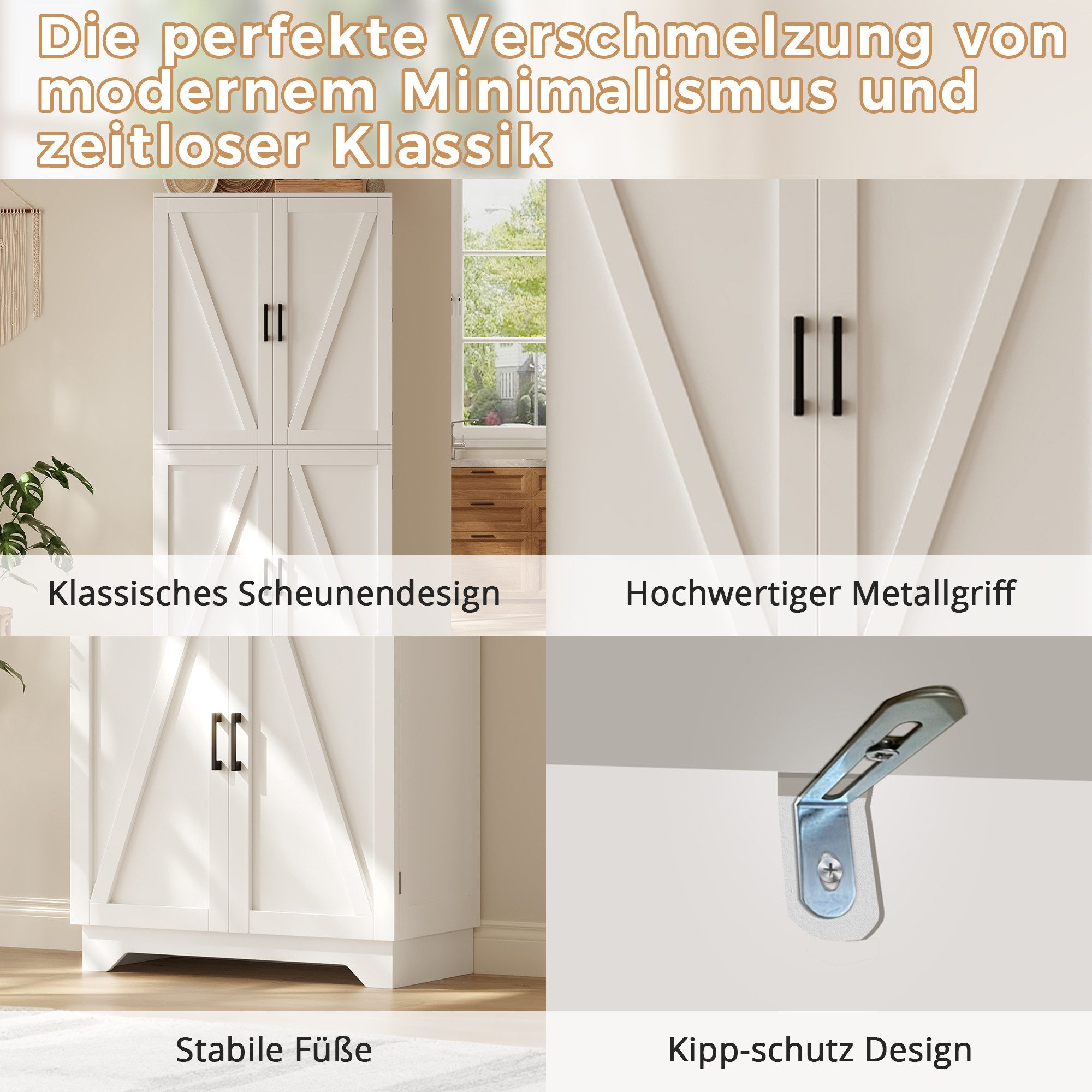Celya Küchenbuffet Küchenschrank, hoher Stauraumschrank mit 4 Scheunentor-Türen (80 × 40× 180 cm Aufbewahrungsschrank mit Weinregal und Türregal)