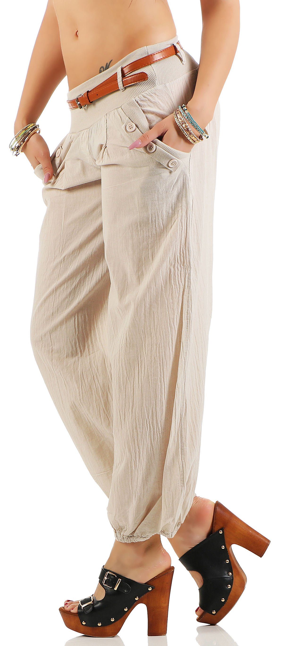 malito than Sommerhose Gürtel fashion more Haremshose beige 6017 mit