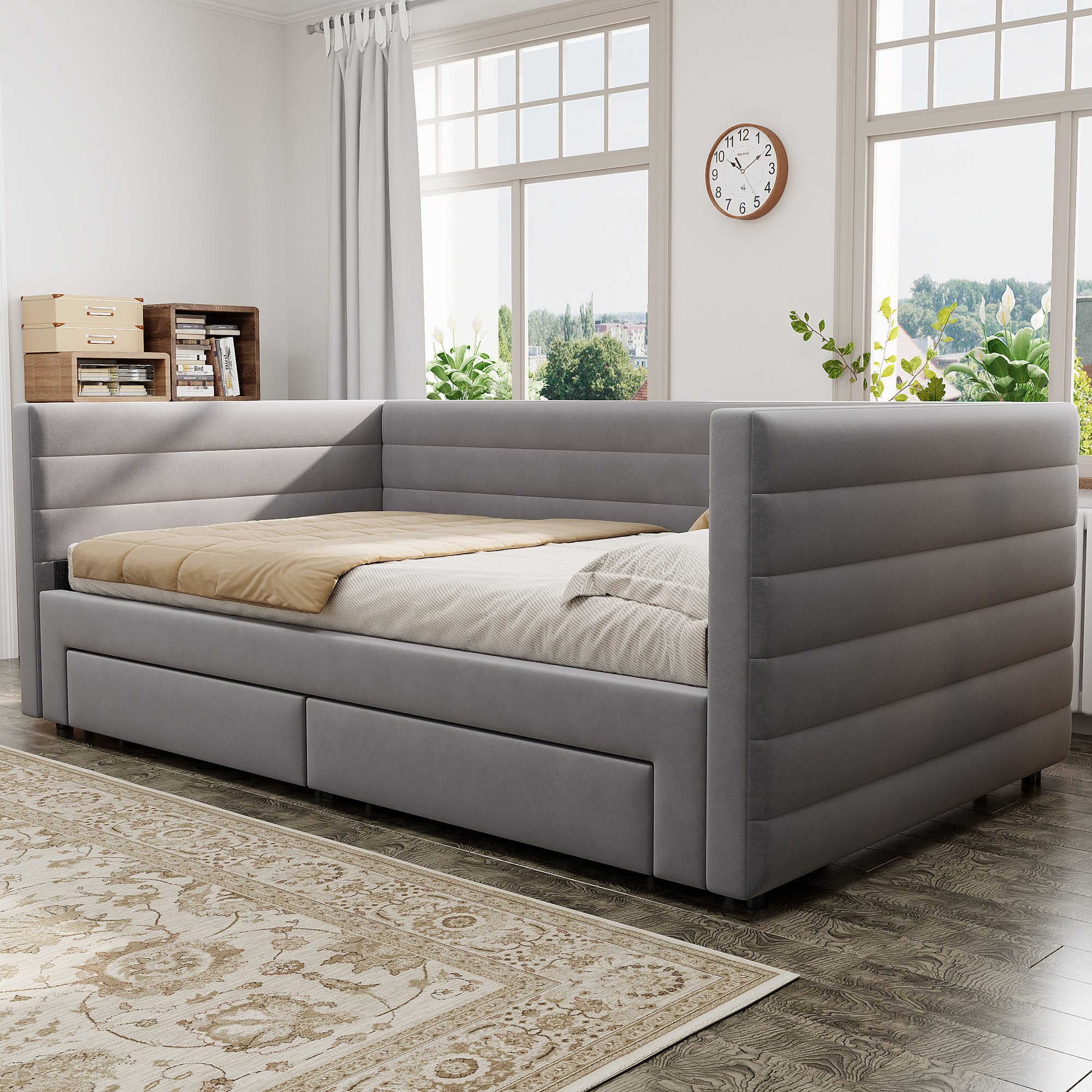 Flieks Daybett, Polsterbett Schlafsofa mit Ausziehbett 90/180x190cm mit 2 Schubladen
