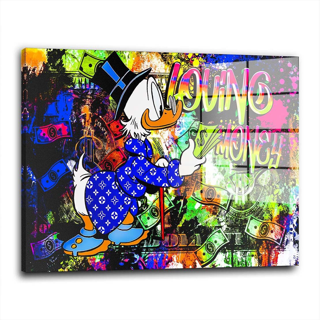 Artedinoi Acrylglasbild Neon Duck Acrylglasbild Wandbild Graffiti Comic Erpel Geld Bunt XXL, Comic-Erpel mit Zylinder vor Neon-Graffiti