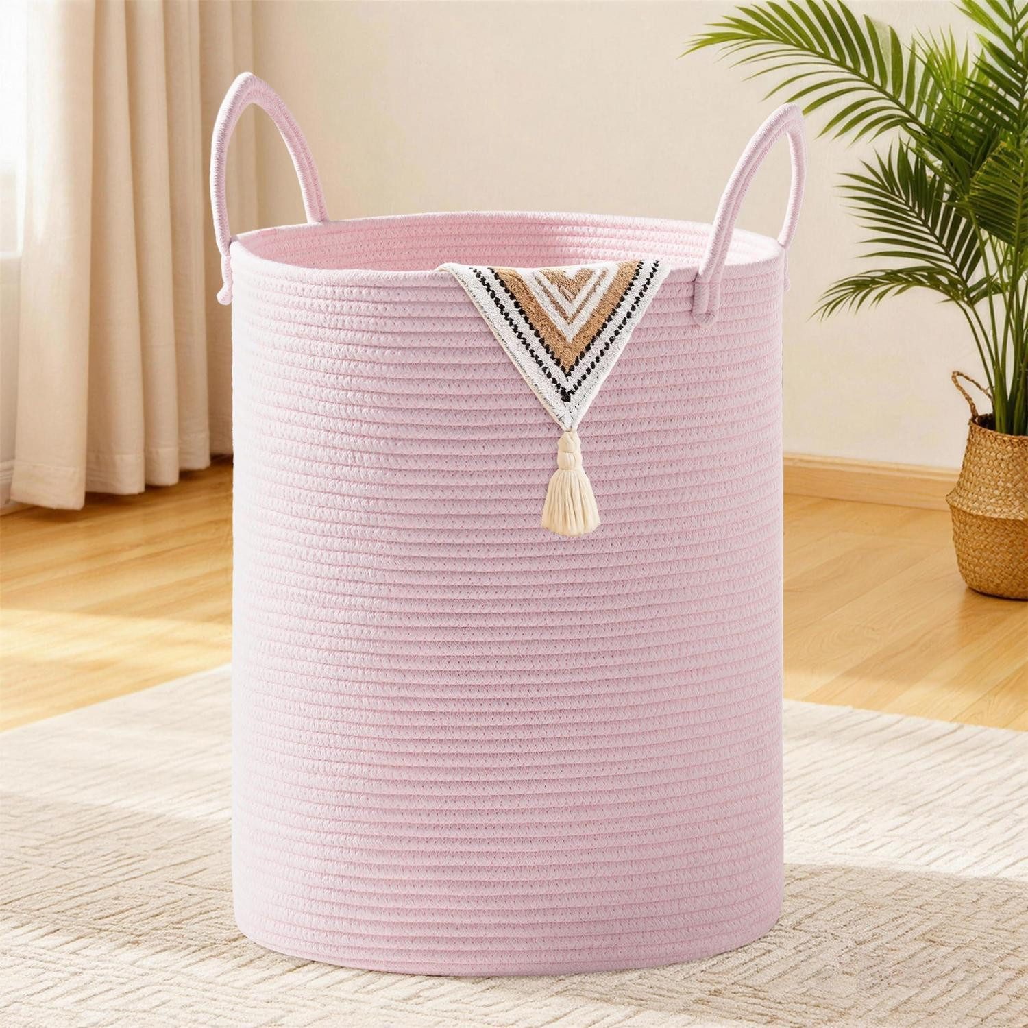 LuxusKollektion Wäschekorb Wäschekorb Wäschesammler Geflochten Baumwollhenkel Rosa 88L