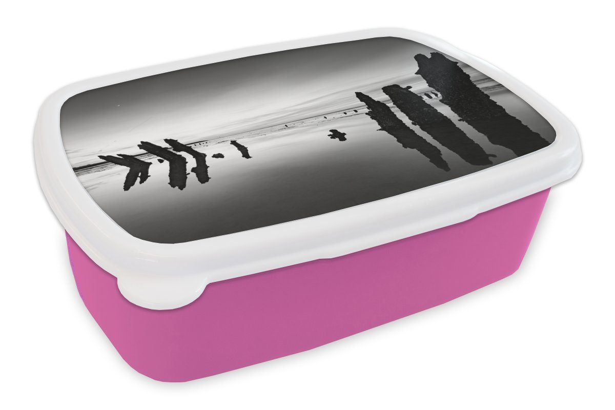 Erwachsene, MuchoWow - - Kunststoff, Lunchbox Holz, (2-tlg), Kunststoff rosa für Brotbox Weiß - Schwarz Brotdose Snackbox, Kinder, Wattenmeer Mädchen,