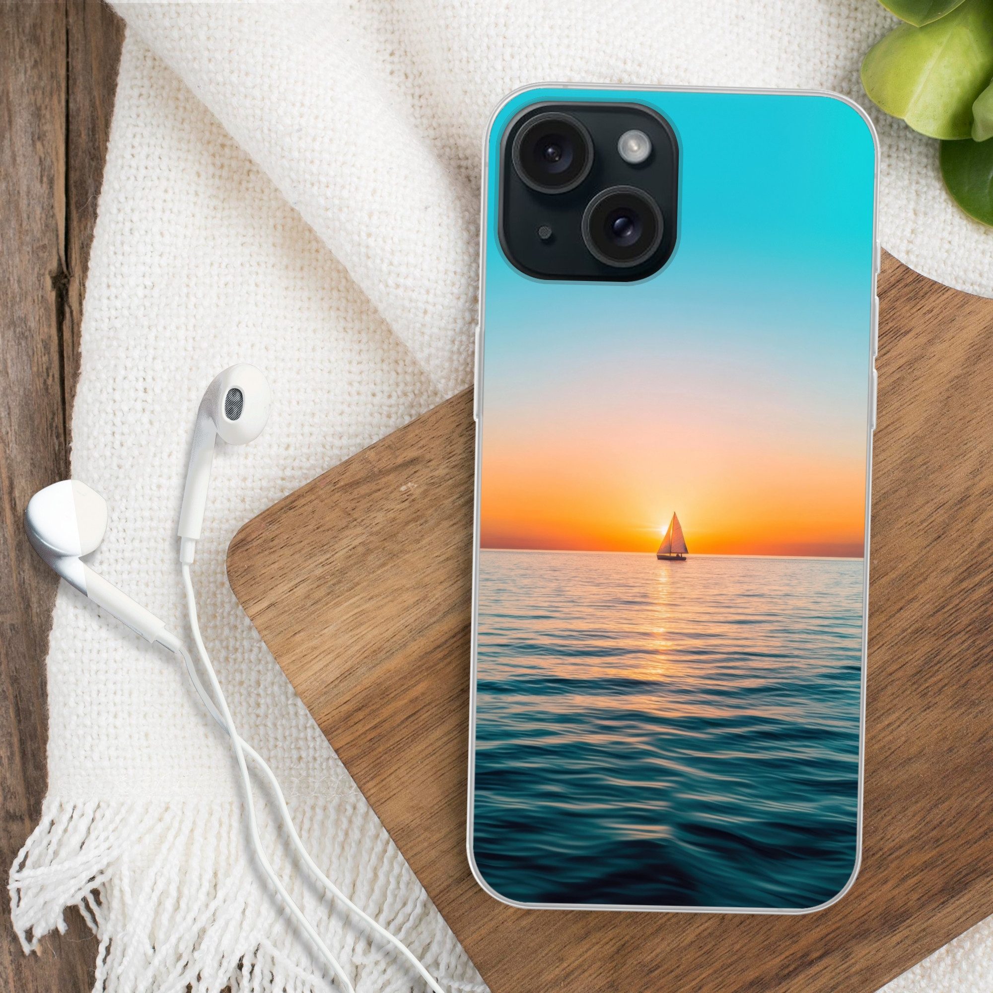MuchoWow Handyhülle für Apple iPhone 15 Meer - Segelboot - Sonnenuntergang, Smartphone-Bumper, Print, Handy Schutzhülle Dünn