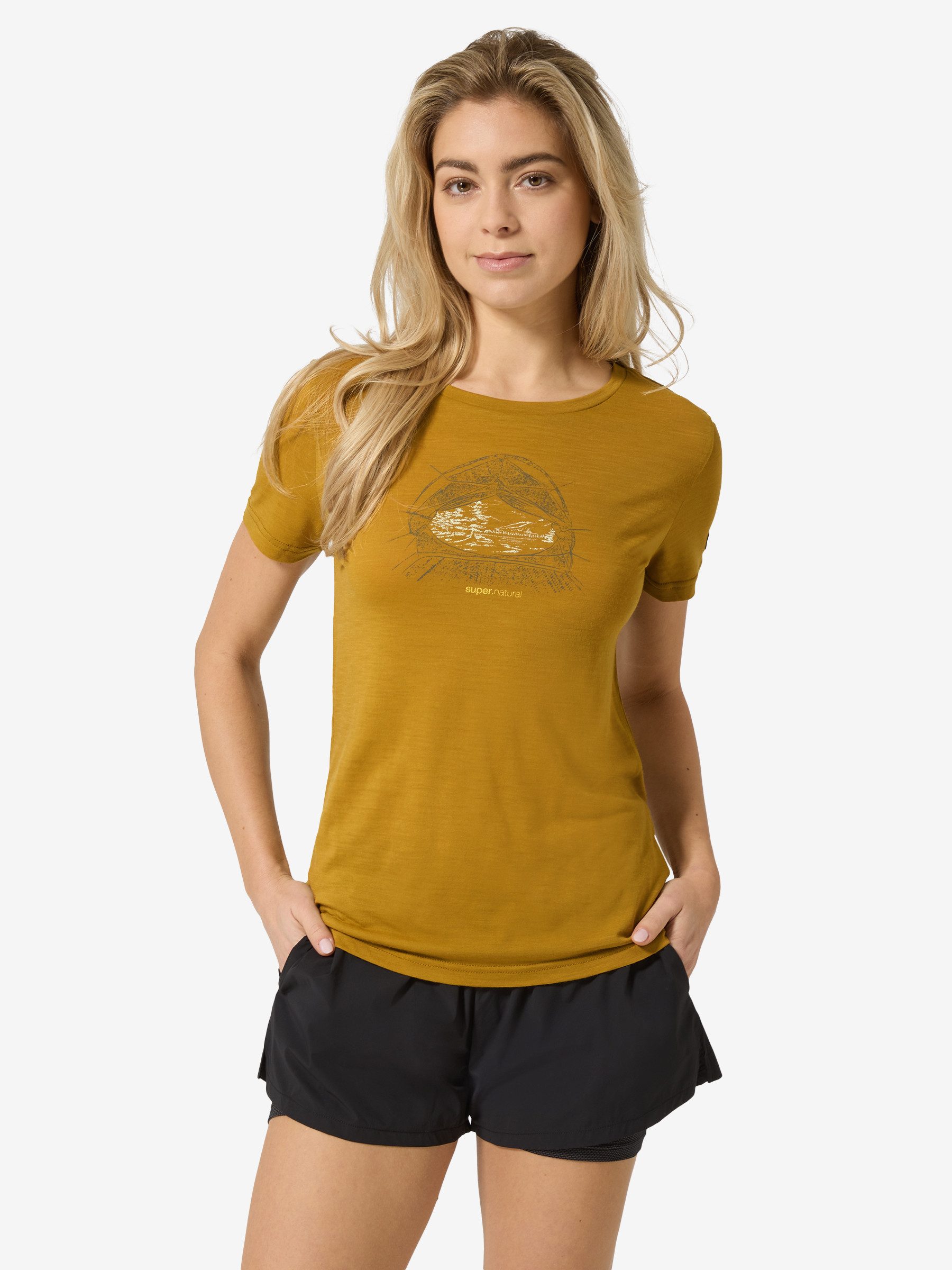 SUPER.NATURAL T-Shirt für Damen,Merino W TENT VIEW TEE mit Berg-Motiv, atmungsaktiv