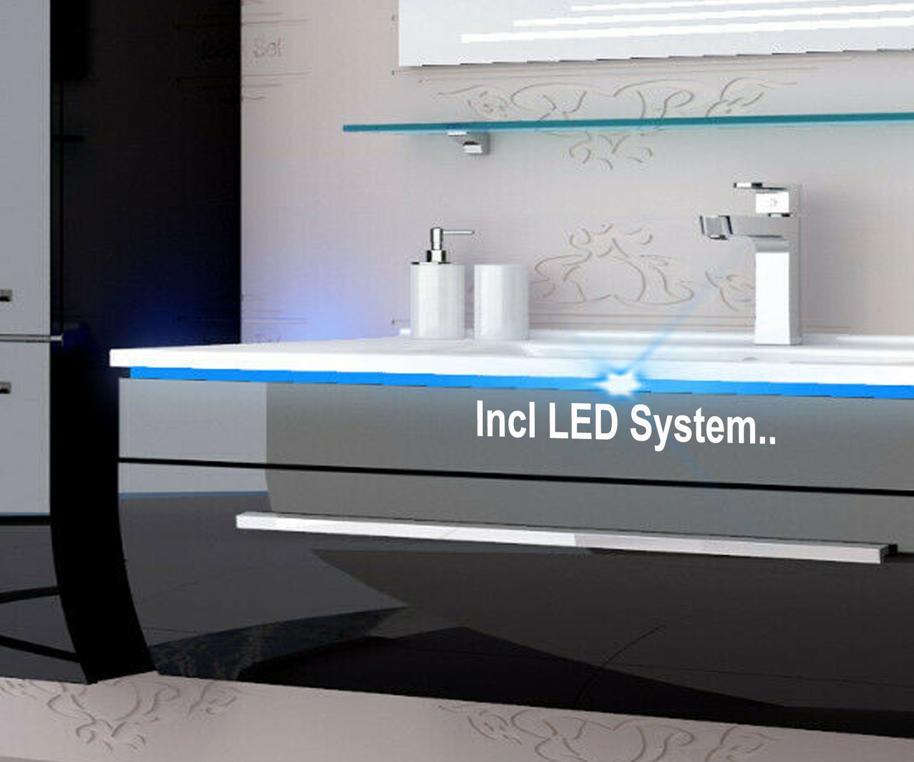 Homeline Badmöbel-Set Badmöbel Set Hochglanz lackiert 6 TLG 70 cm Schwarz Led Touch, (Spar-Set, Sechsteiliges Set), Hochglanz lackiert Schon vormontiert