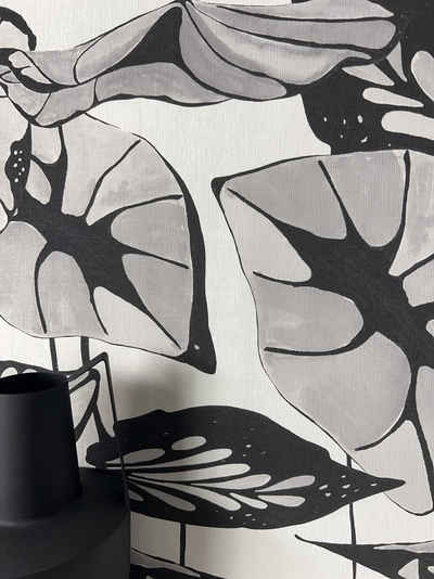 Newroom Vliestapete, Weiß Tapete Floral Blätter - Blumentapete Mustertapete Schwarz Grau Asiatisch 3D Optik Lotusblätter Natur für Schlafzimmer Wohnzimmer Küche