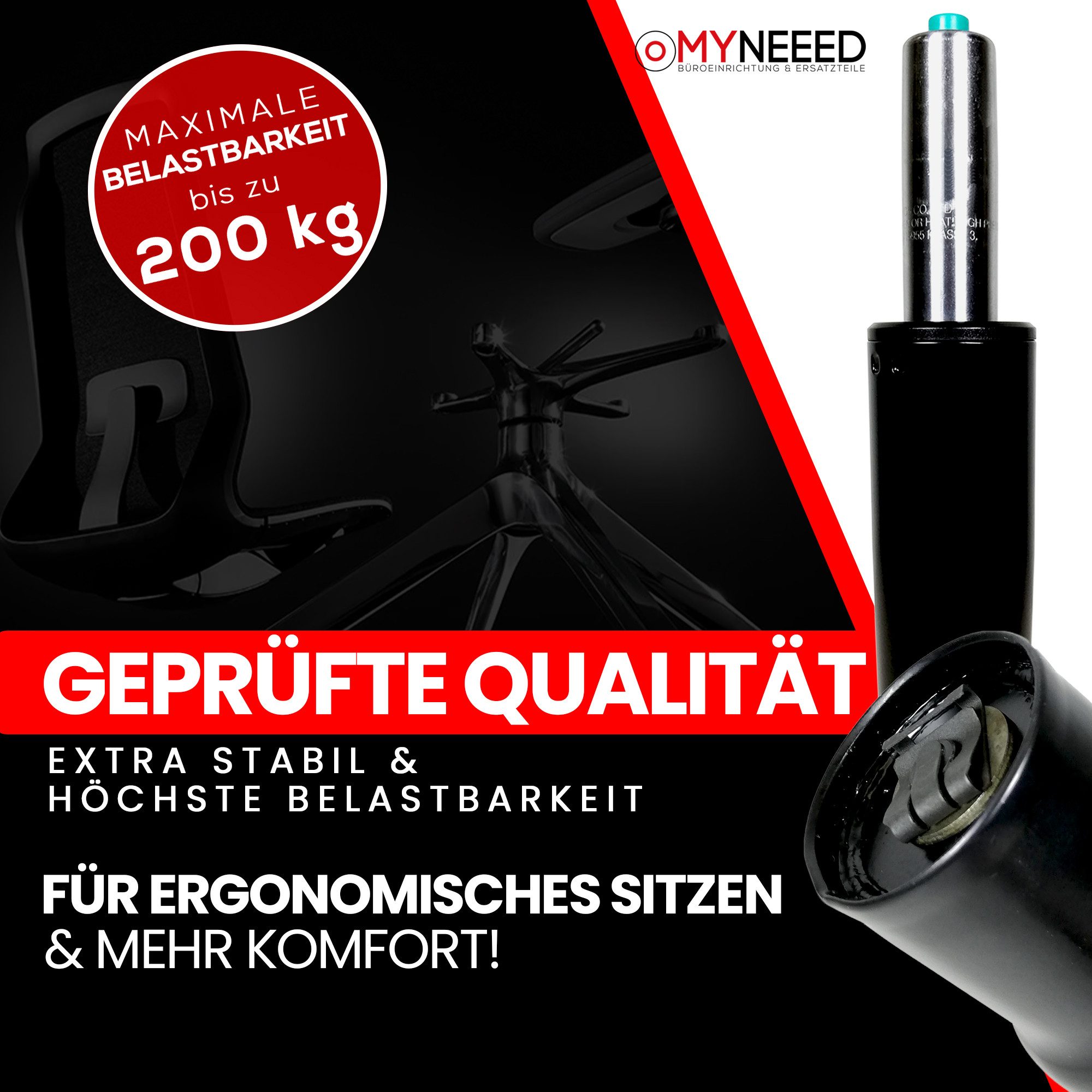 MYNEEED Gasdruckfeder Bürostuhl Ersatzteile Compact - Ersatz Gasfeder bis 200 kg für Drehstuhl Chefsessel - Stufenlos Höhenverstellbar - TÜV & GS Geprüft, Gasfeder Länge:250 mm