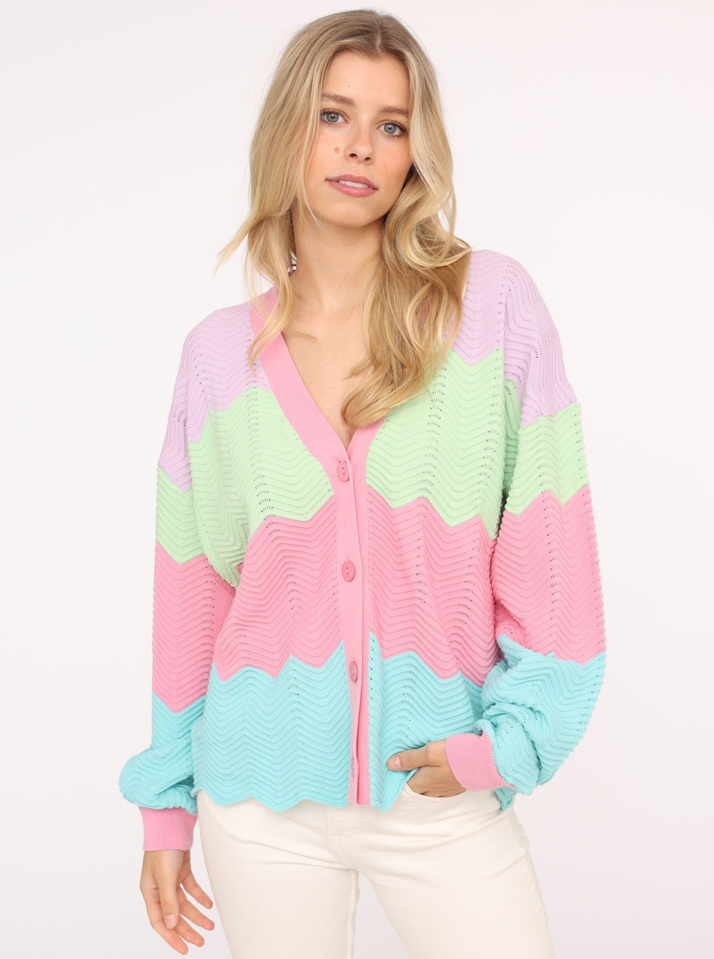 Zwillingsherz Strickjacke "Block Wellen" Langarm, V-Ausschnitt, Knöpfe, Bau günstig online kaufen