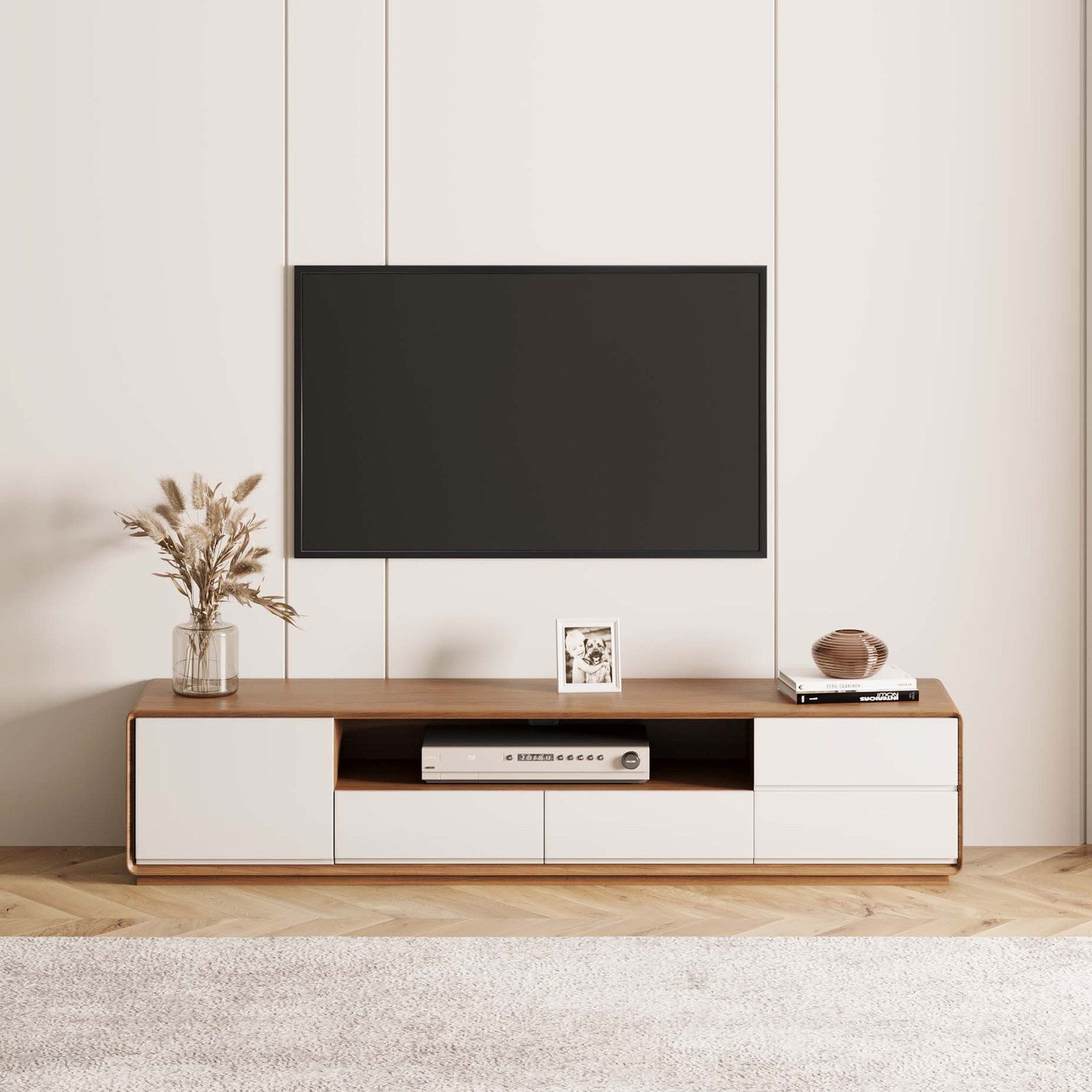 POVISON TV-Schrank Lowboard, TV Möbel, Fernseher schrank, TV Kommode mit 4 Schubladen, 2 offener Stauschrank