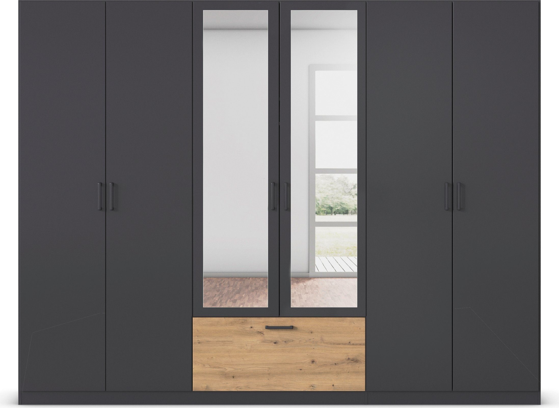 rauch Drehtürenschrank Kleiderschrank Schrank Garderobe Wäscheschrank BARI mit Spiegel mit Schubasten mittig, moderner Griff in Graumetallic MADE IN GERMANY – Bild 3 von 5