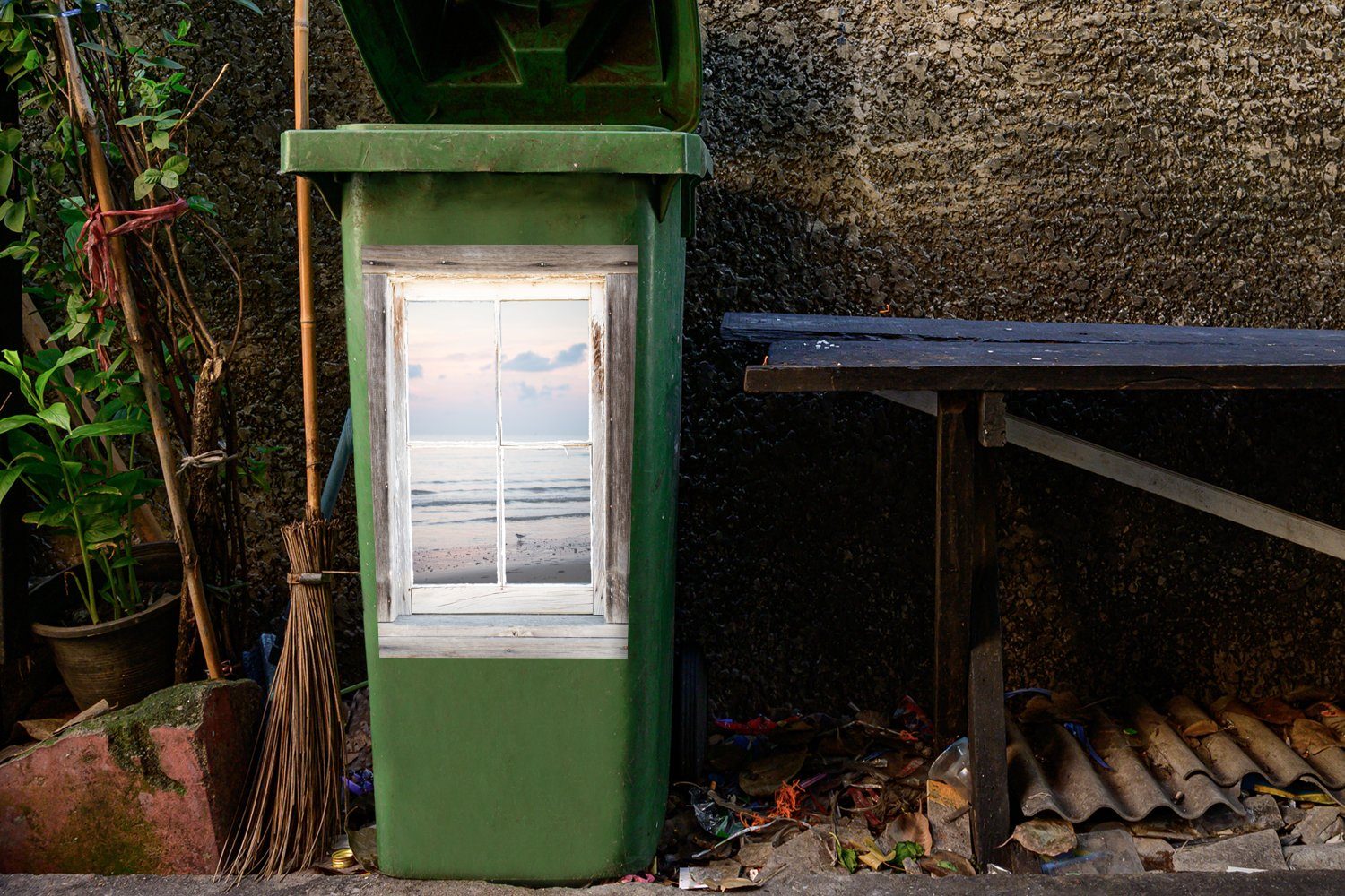 MuchoWow Wandsticker Durchblick - Mülleimer-aufkleber, Abfalbehälter St), Vogel Mülltonne, - Sticker, (1 Container, Strand